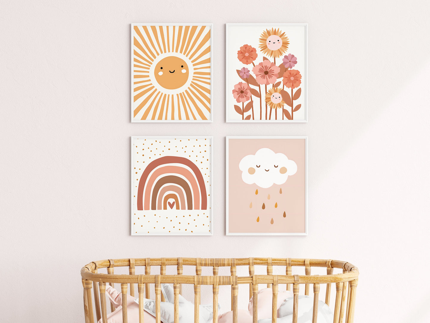 Poster Kinderzimmer Bilder Sonnenstrahlen Blumen Regenbogen Wolke Sonne als Deko Print ohne Rahmen - justgoodmood
