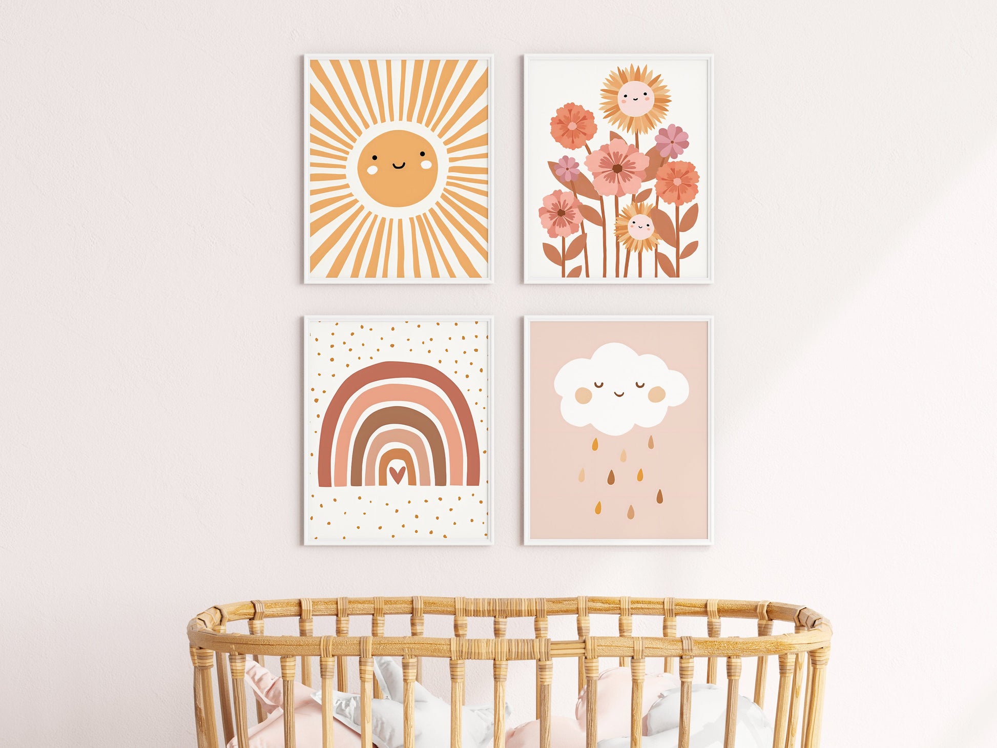Poster Kinderzimmer Bilder Sonnenstrahlen Blumen Regenbogen Wolke Sonne als Deko Print ohne Rahmen - justgoodmood