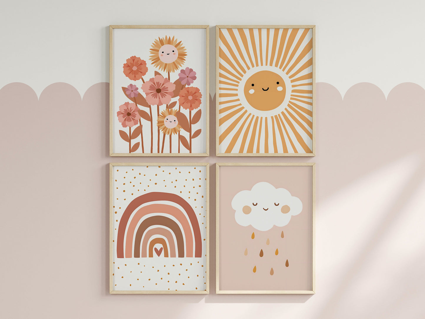 Poster Kinderzimmer Bilder Sonnenstrahlen Blumen Regenbogen Wolke Sonne als Deko Print ohne Rahmen - justgoodmood