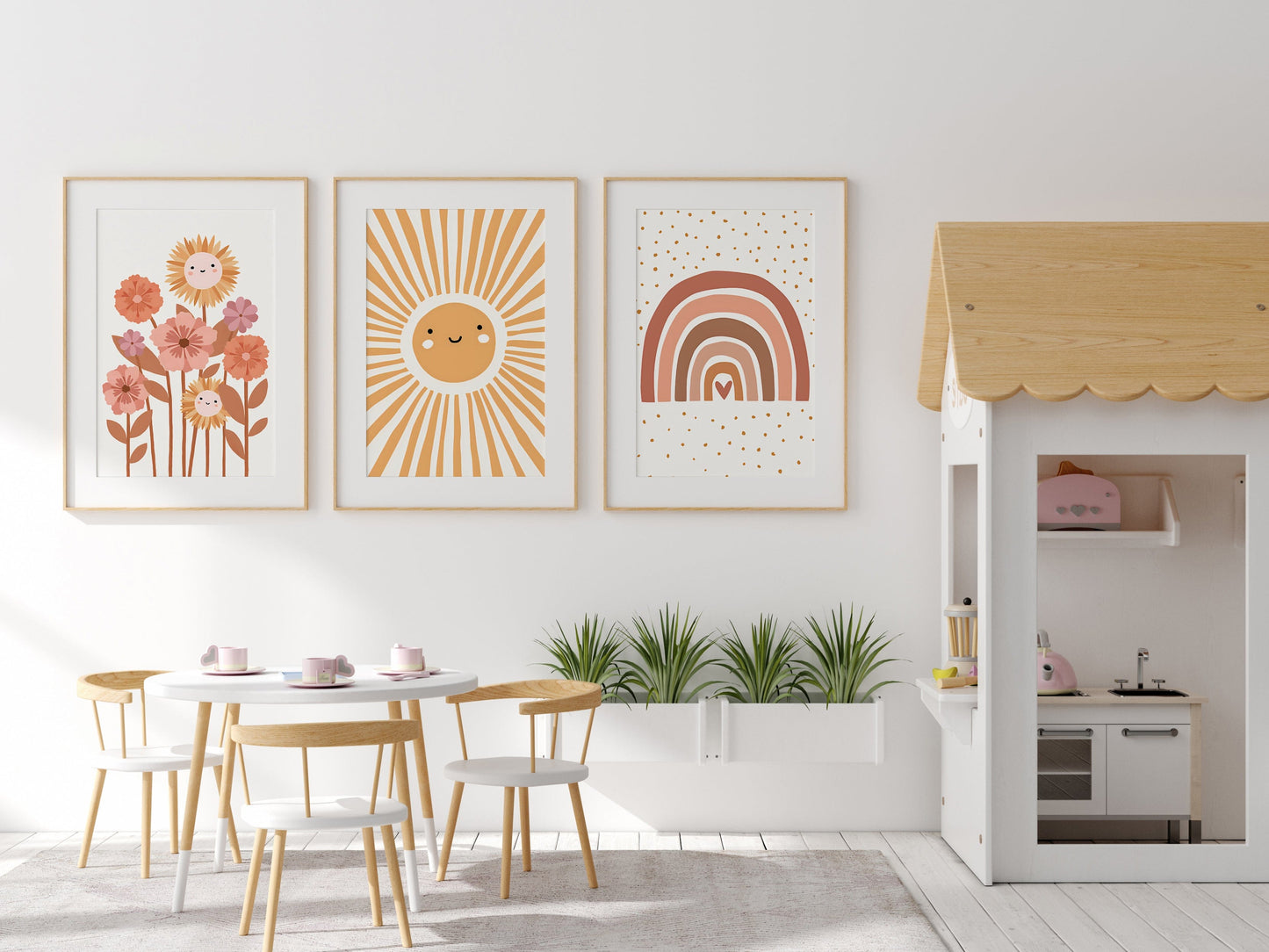 Poster Kinderzimmer Bilder Sonnenstrahlen Blumen Regenbogen Wolke Sonne als Deko Print ohne Rahmen - justgoodmood