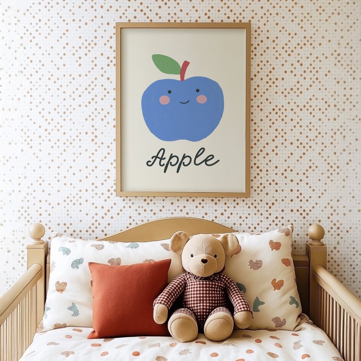 Poster Kinderzimmer · Blauer Apfel · Obst mit Gesicht · Lernposter Englisch · Geschenkidee für Kinder · Süß & Lustig · Deko Print ohne Rahmen - justgoodmood