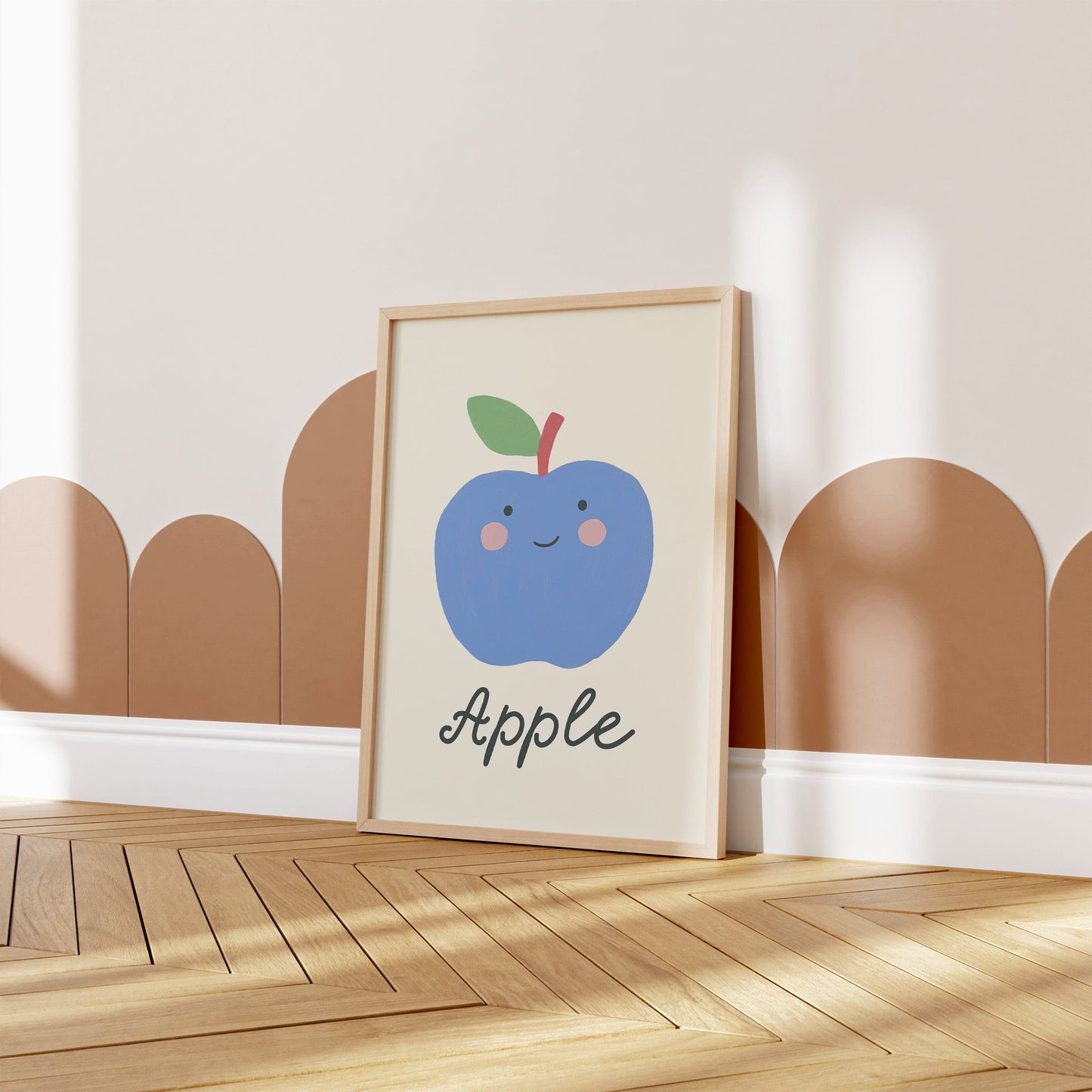 Poster Kinderzimmer · Blauer Apfel · Obst mit Gesicht · Lernposter Englisch · Geschenkidee für Kinder · Süß & Lustig · Deko Print ohne Rahmen - justgoodmood