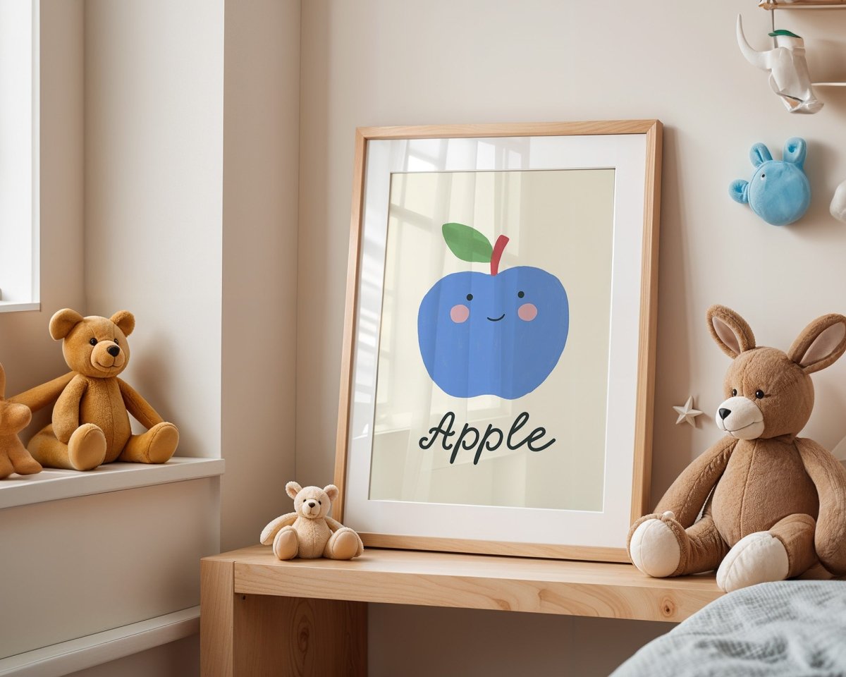Poster Kinderzimmer · Blauer Apfel · Obst mit Gesicht · Lernposter Englisch · Geschenkidee für Kinder · Süß & Lustig · Deko Print ohne Rahmen - justgoodmood