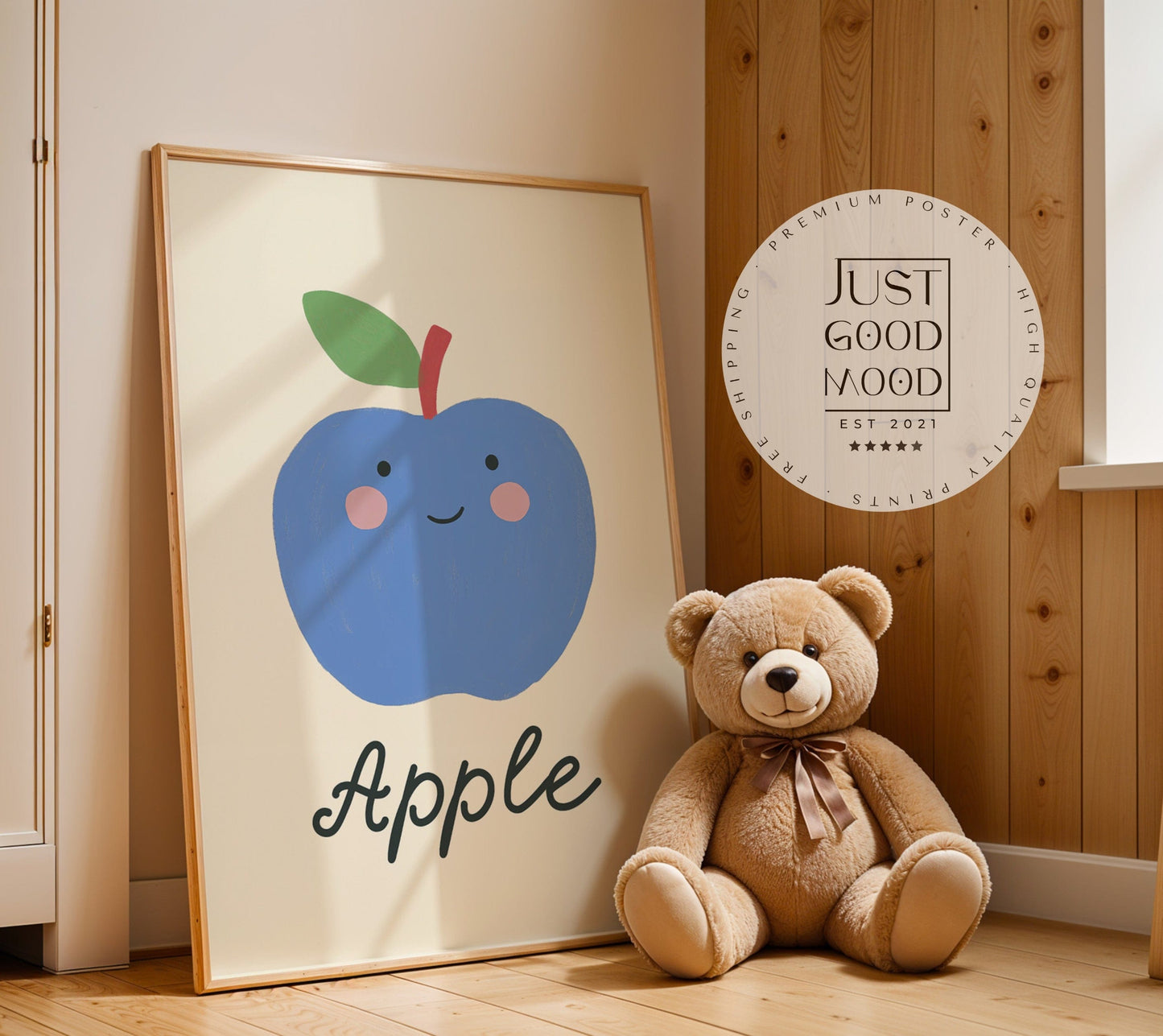 Poster Kinderzimmer · Blauer Apfel · Obst mit Gesicht · Lernposter Englisch · Geschenkidee für Kinder · Süß & Lustig · Deko Print ohne Rahmen - justgoodmood