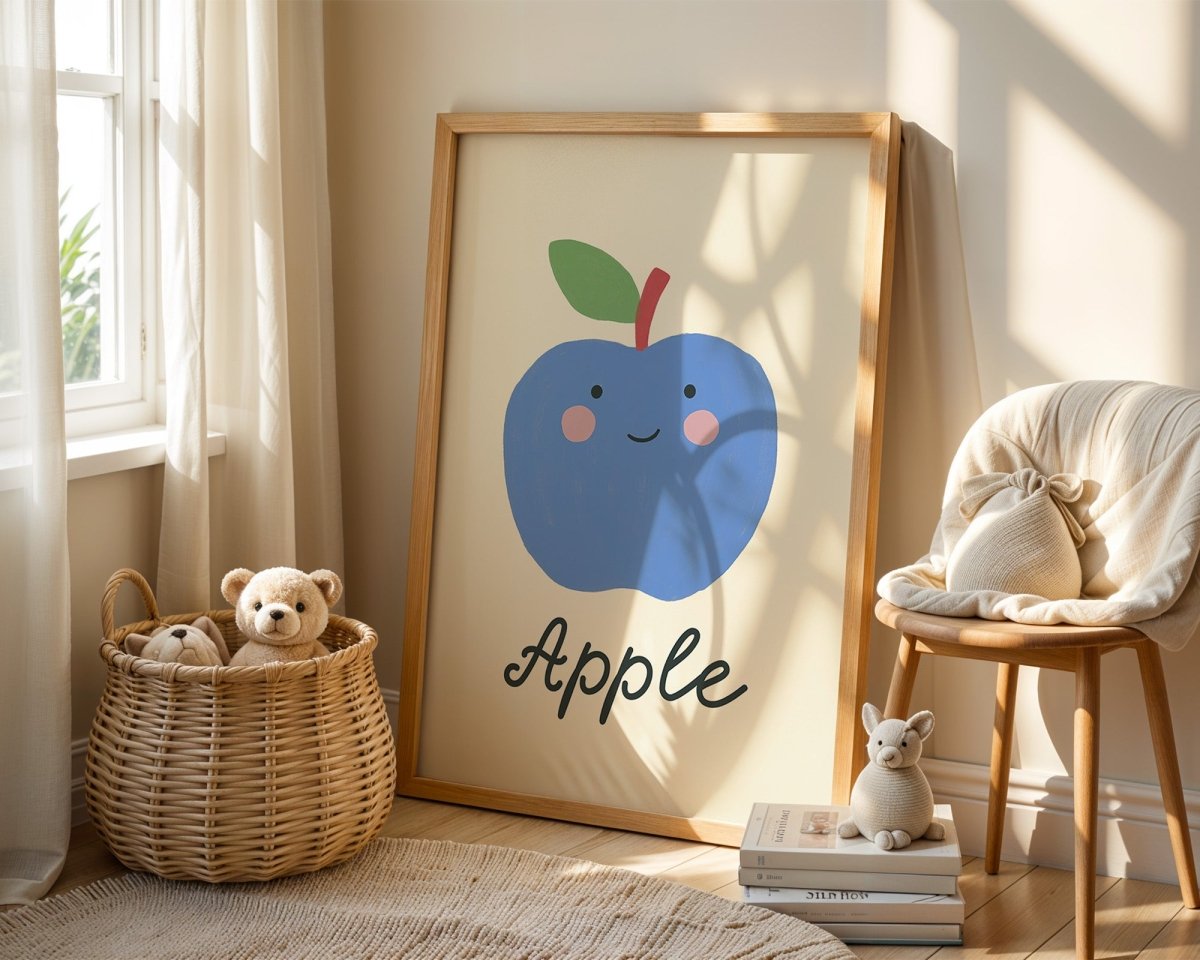 Poster Kinderzimmer · Blauer Apfel · Obst mit Gesicht · Lernposter Englisch · Geschenkidee für Kinder · Süß & Lustig · Deko Print ohne Rahmen - justgoodmood