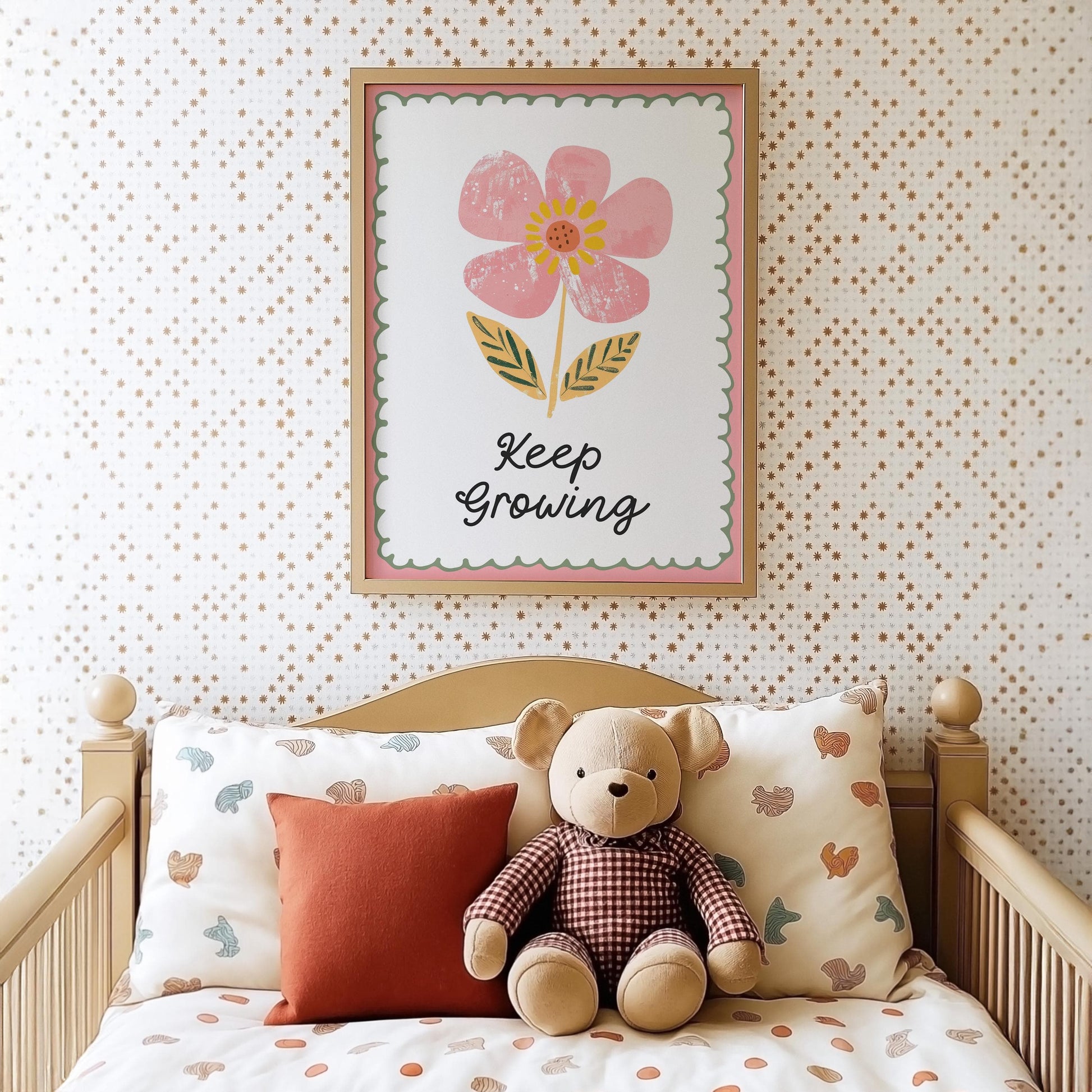 Poster Kinderzimmer Blume · Keep Growing Spruch · Liebevolle Deko mit Botschaft · Pastellfarben & Naturmotiv · Dekoprint ohne Rahmen - justgoodmood