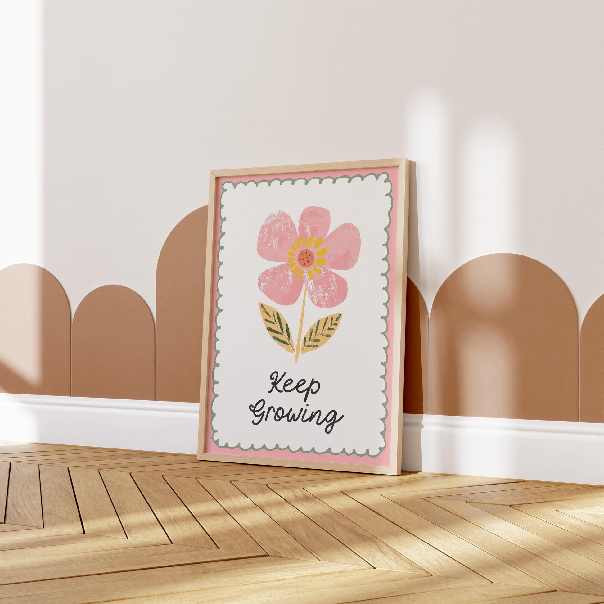 Poster Kinderzimmer Blume · Keep Growing Spruch · Liebevolle Deko mit Botschaft · Pastellfarben & Naturmotiv · Dekoprint ohne Rahmen - justgoodmood