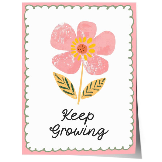 Poster Kinderzimmer Blume · Keep Growing Spruch · Liebevolle Deko mit Botschaft · Pastellfarben & Naturmotiv · Dekoprint ohne Rahmen - justgoodmood