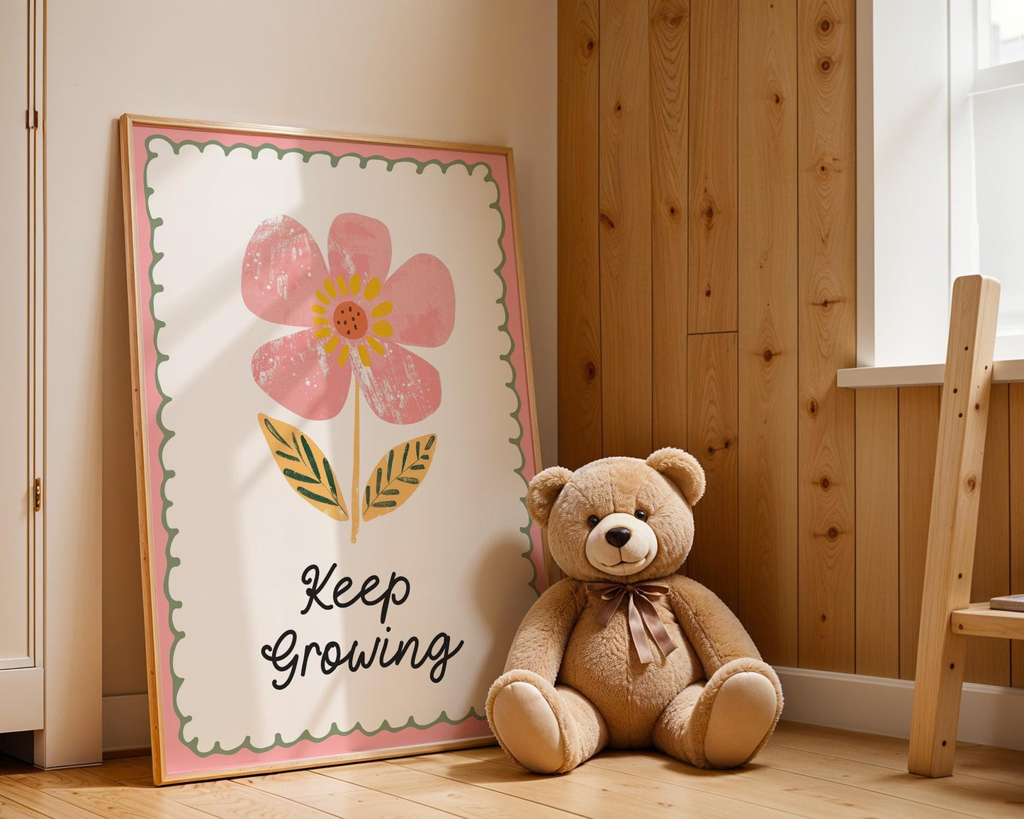 Poster Kinderzimmer Blume · Keep Growing Spruch · Liebevolle Deko mit Botschaft · Pastellfarben & Naturmotiv · Dekoprint ohne Rahmen - justgoodmood