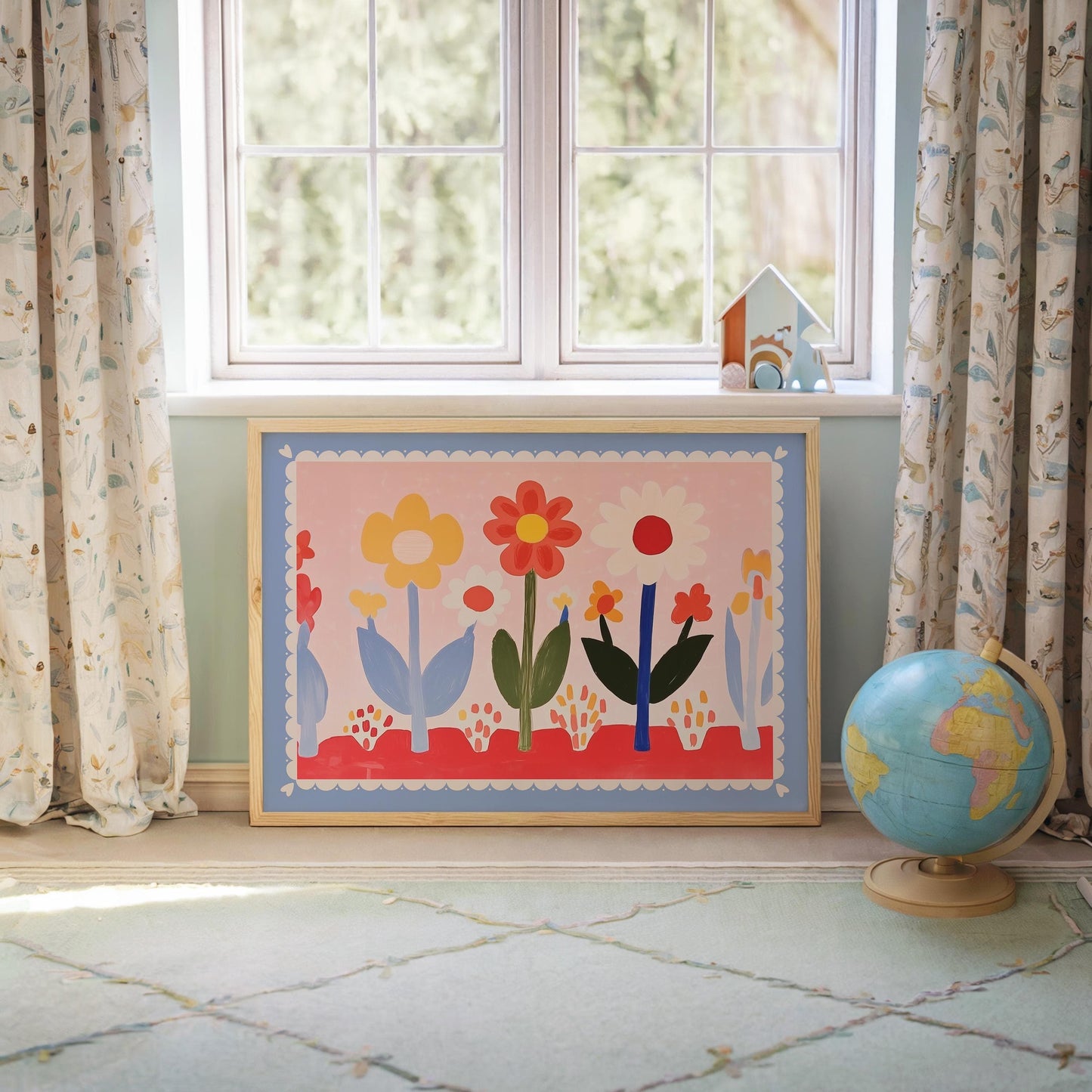 Poster Kinderzimmer Blumen · Buntes Blumenbild im Skandi Stil · Fröhliche Wanddeko für Mädchenzimmer · Dekoprint ohne Rahmen - justgoodmood