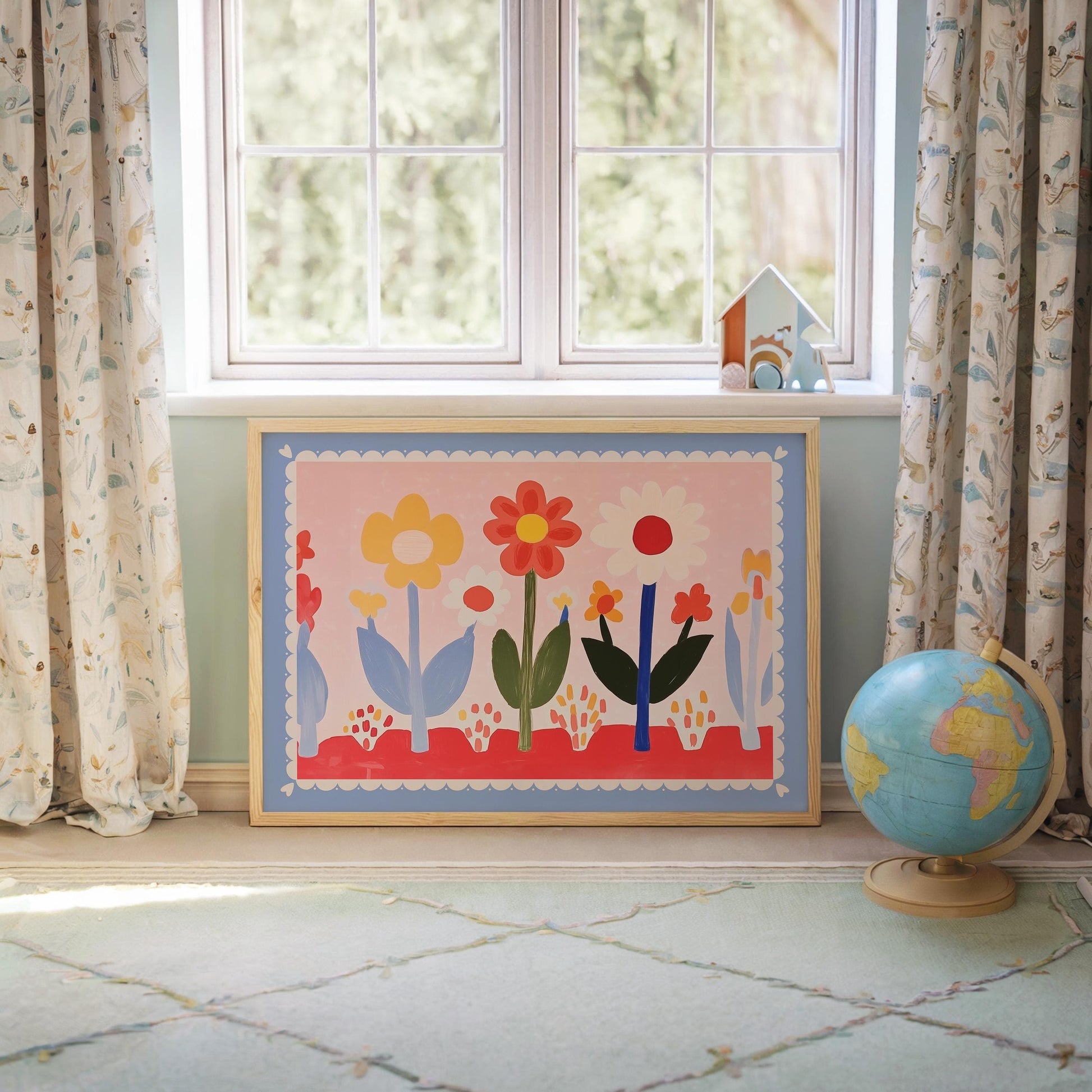 Poster Kinderzimmer Blumen · Buntes Blumenbild im Skandi Stil · Fröhliche Wanddeko für Mädchenzimmer · Dekoprint ohne Rahmen - justgoodmood
