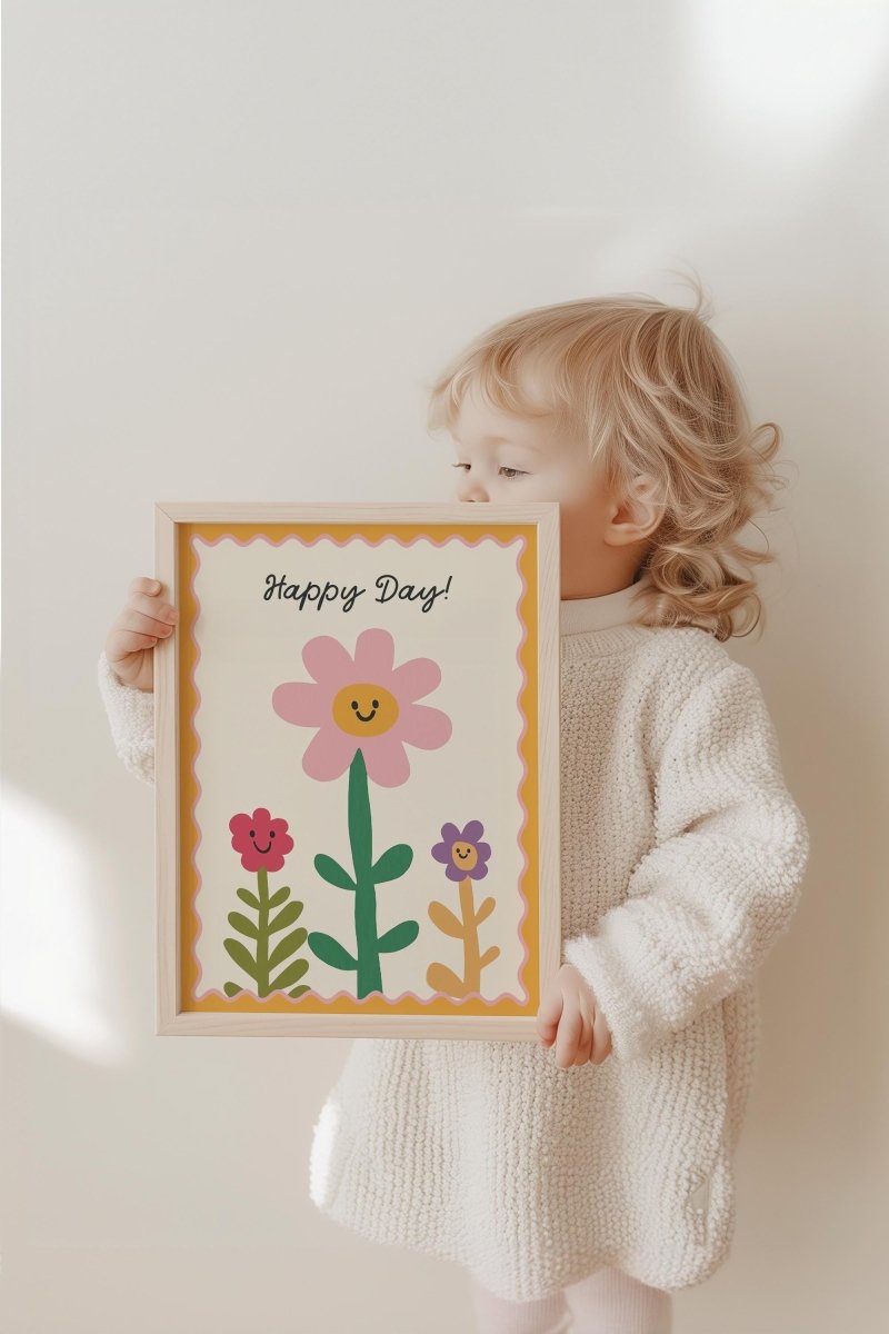 Poster Kinderzimmer Blumen · Happy Day! Schriftzug · Fröhliche Blumendeko in Pastell · Wandbild für Kinder · Dekoprint Ohne Rahmen - justgoodmood