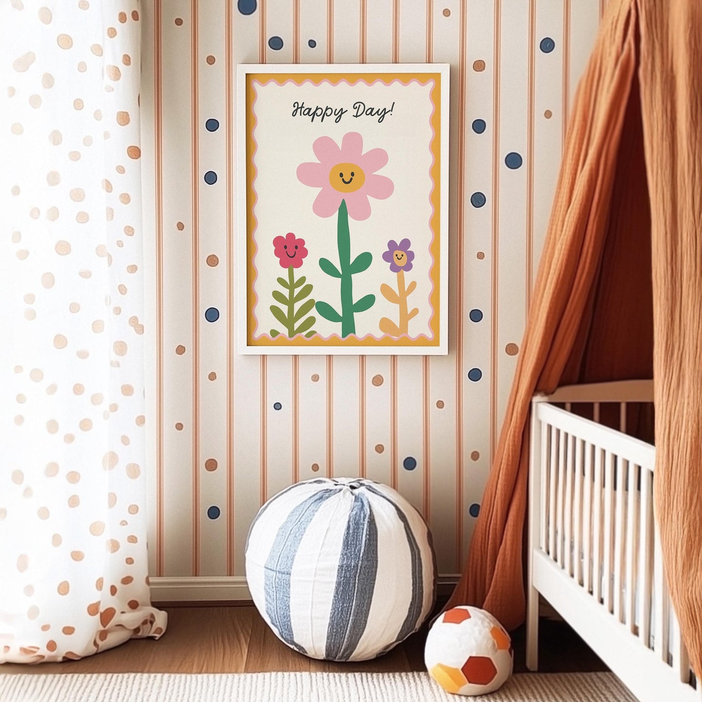 Poster Kinderzimmer Blumen · Happy Day! Schriftzug · Fröhliche Blumendeko in Pastell · Wandbild für Kinder · Dekoprint Ohne Rahmen - justgoodmood