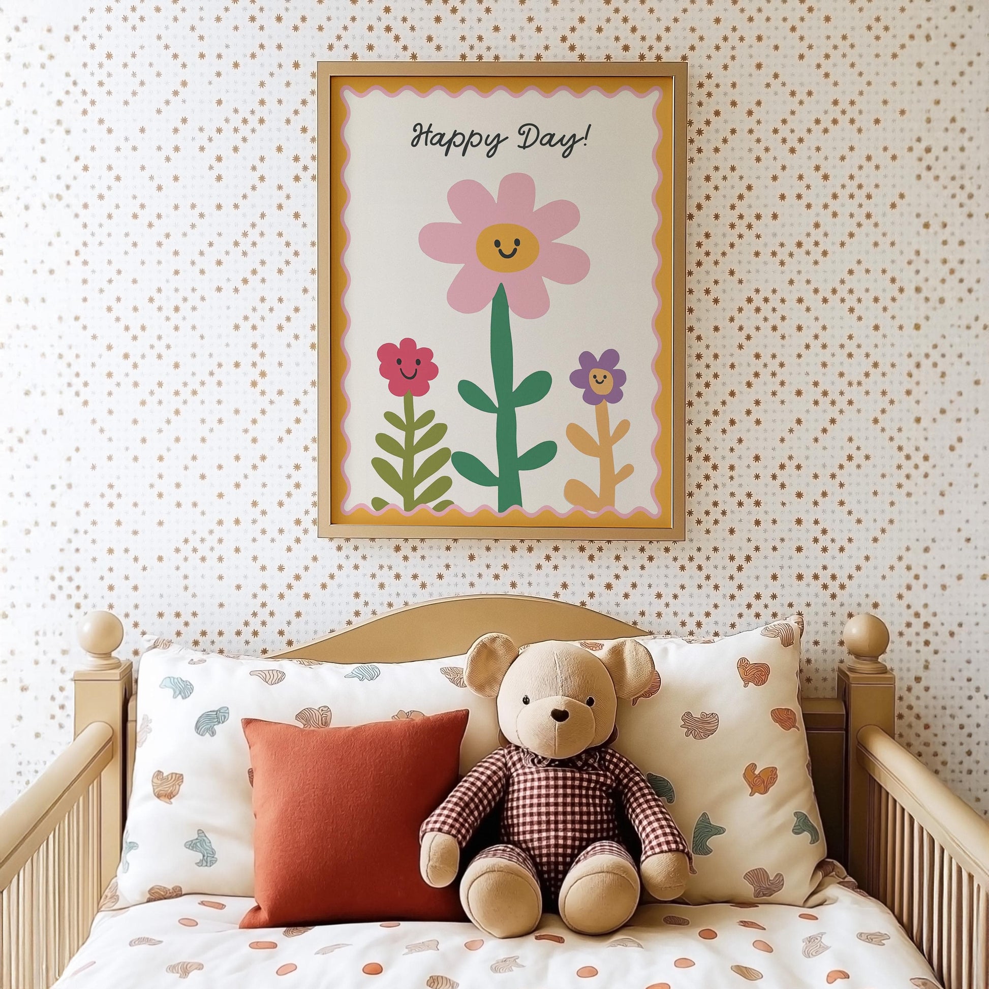 Poster Kinderzimmer Blumen · Happy Day! Schriftzug · Fröhliche Blumendeko in Pastell · Wandbild für Kinder · Dekoprint Ohne Rahmen - justgoodmood