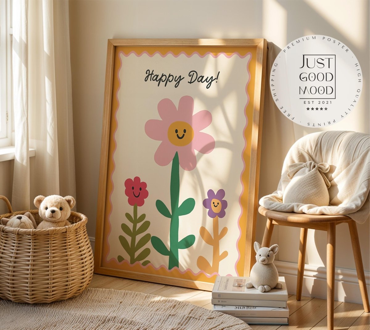Poster Kinderzimmer Blumen · Happy Day! Schriftzug · Fröhliche Blumendeko in Pastell · Wandbild für Kinder · Dekoprint Ohne Rahmen - justgoodmood