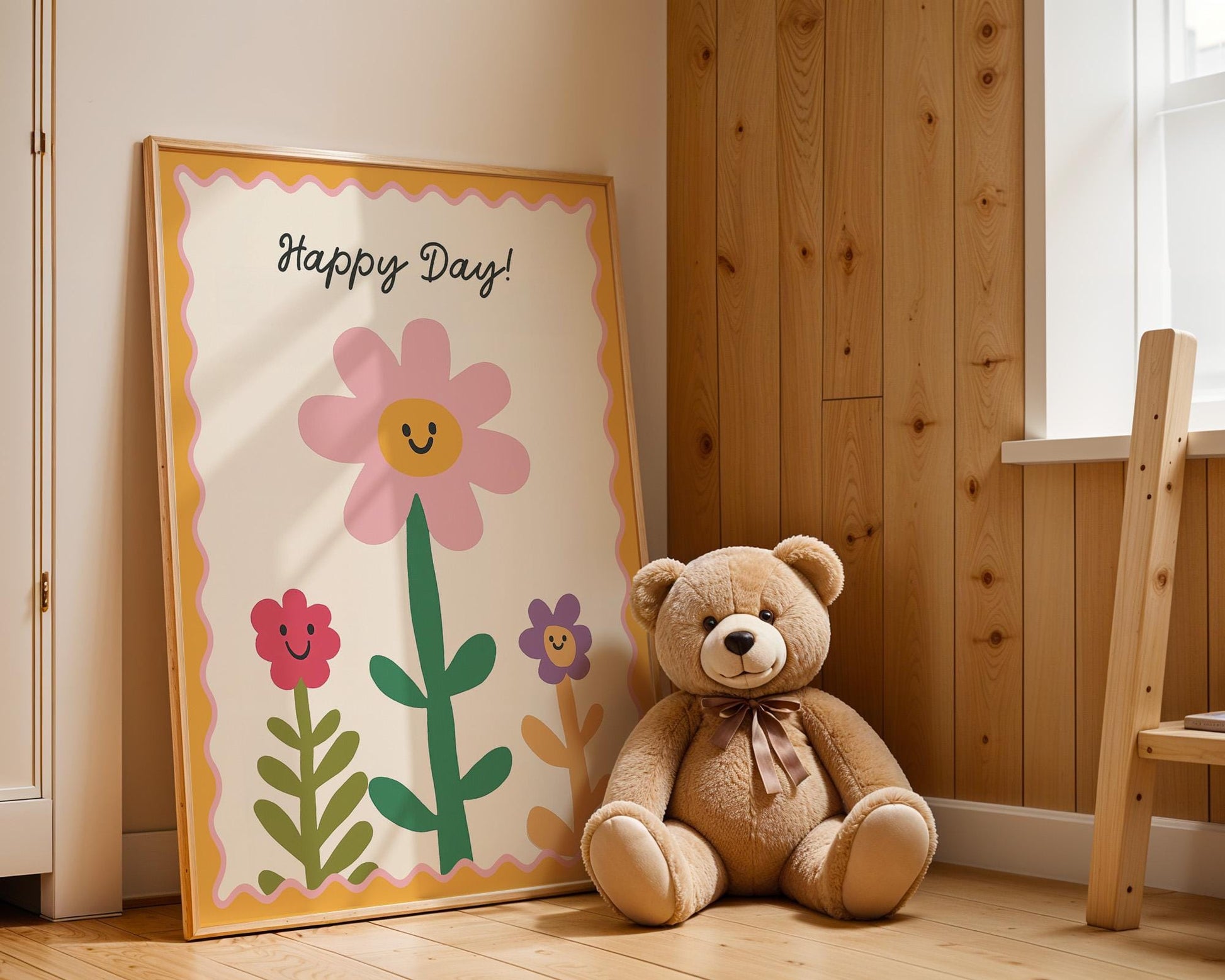 Poster Kinderzimmer Blumen · Happy Day! Schriftzug · Fröhliche Blumendeko in Pastell · Wandbild für Kinder · Dekoprint Ohne Rahmen - justgoodmood