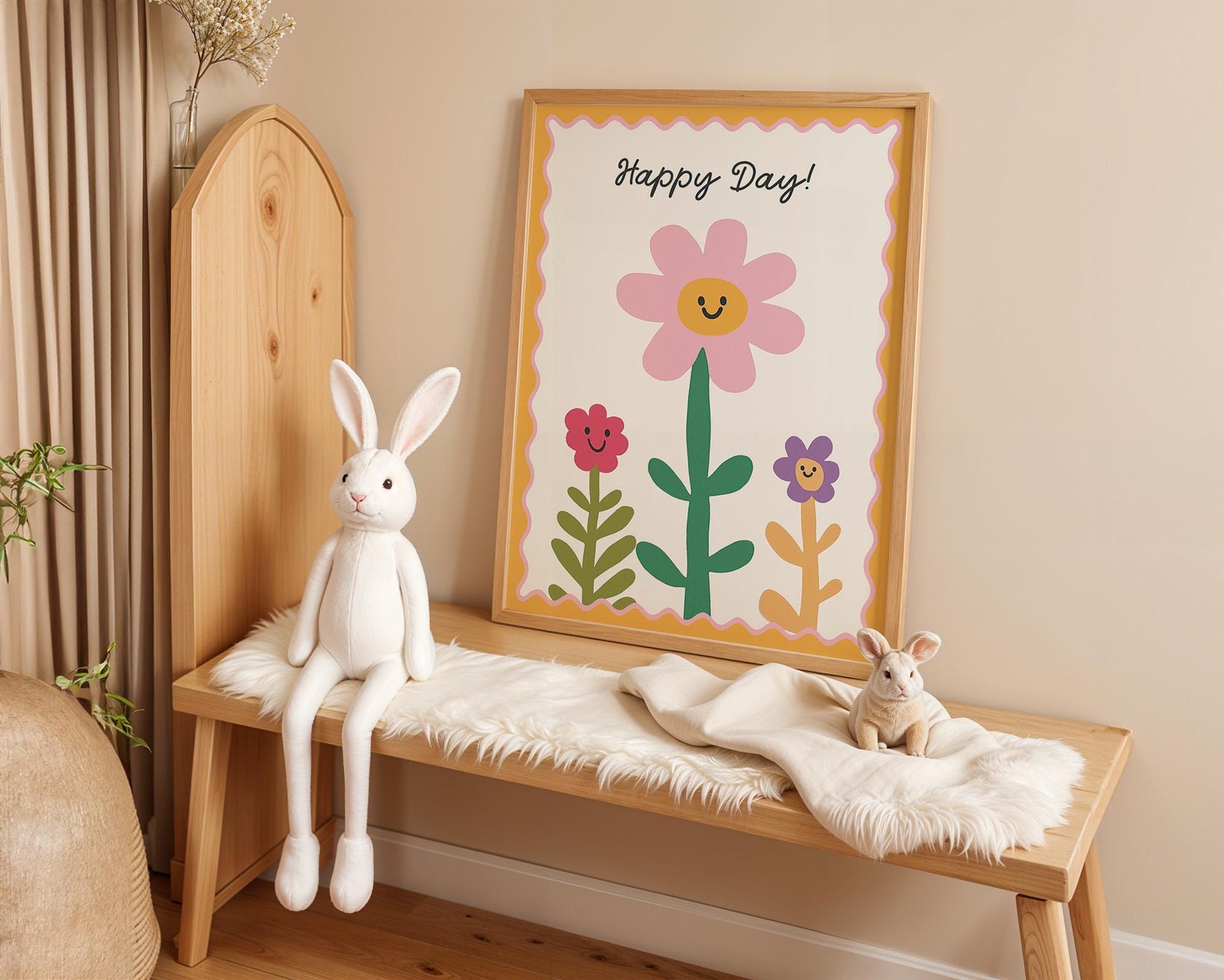 Poster Kinderzimmer Blumen · Happy Day! Schriftzug · Fröhliche Blumendeko in Pastell · Wandbild für Kinder · Dekoprint Ohne Rahmen - justgoodmood