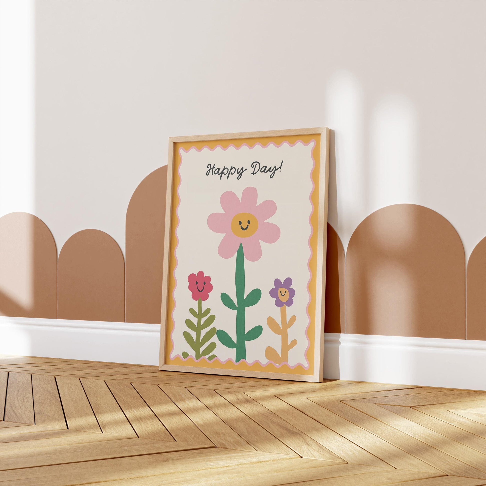 Poster Kinderzimmer Blumen · Happy Day! Schriftzug · Fröhliche Blumendeko in Pastell · Wandbild für Kinder · Dekoprint Ohne Rahmen - justgoodmood