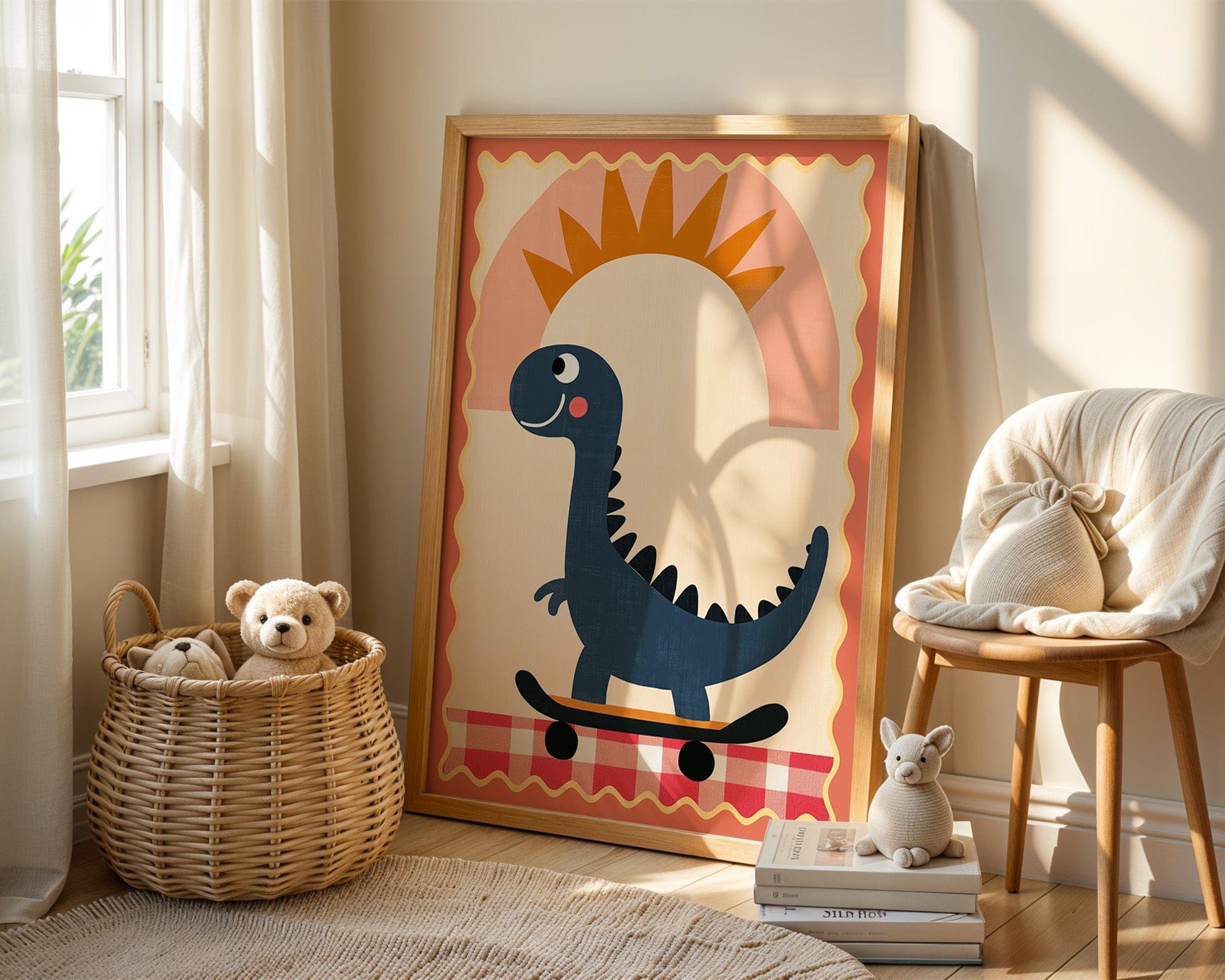 Poster Kinderzimmer Dino · Skateboard & Sonne · Lustiger Dinosaurier · Boho Farben · Geschenkidee für Kinder · Deko Print ohne Rahmen - justgoodmood