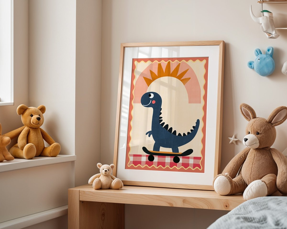 Poster Kinderzimmer Dino · Skateboard & Sonne · Lustiger Dinosaurier · Boho Farben · Geschenkidee für Kinder · Deko Print ohne Rahmen - justgoodmood