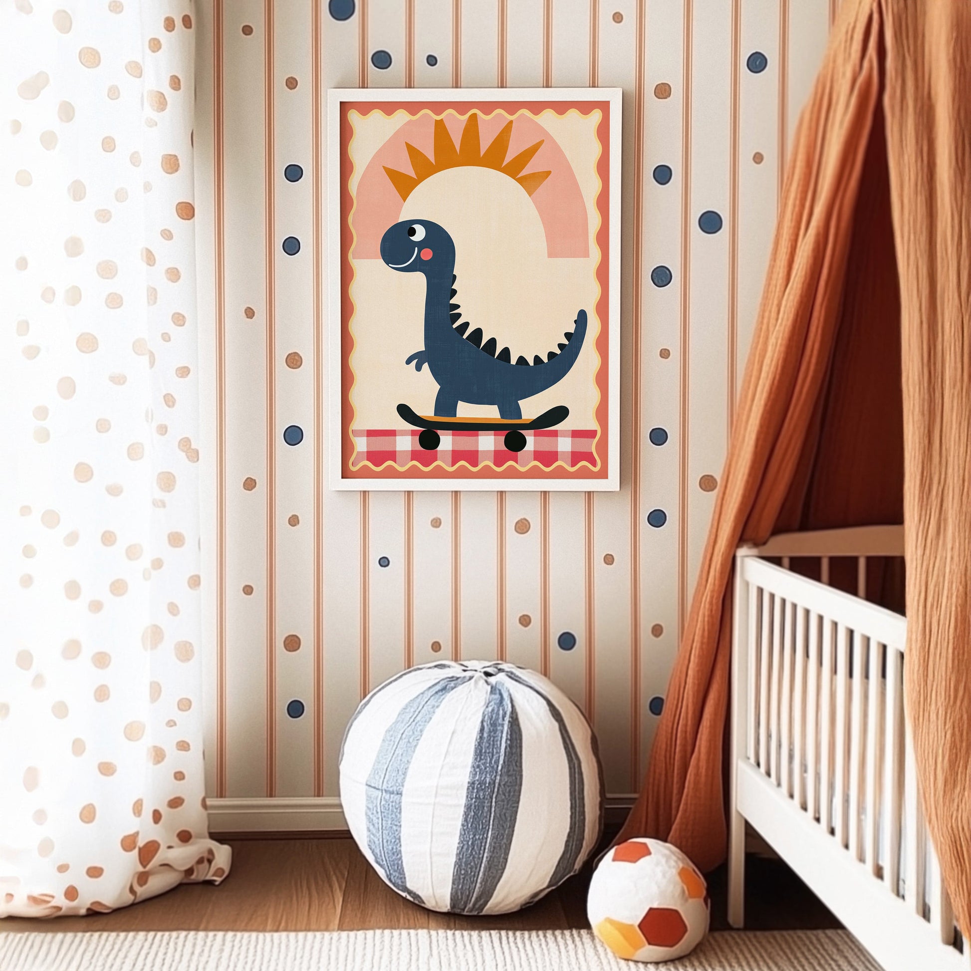 Poster Kinderzimmer Dino · Skateboard & Sonne · Lustiger Dinosaurier · Boho Farben · Geschenkidee für Kinder · Deko Print ohne Rahmen - justgoodmood