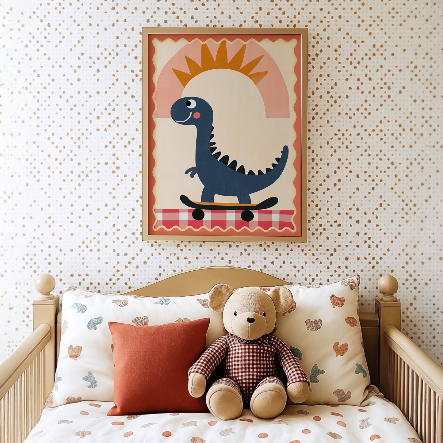 Poster Kinderzimmer Dino · Skateboard & Sonne · Lustiger Dinosaurier · Boho Farben · Geschenkidee für Kinder · Deko Print ohne Rahmen - justgoodmood
