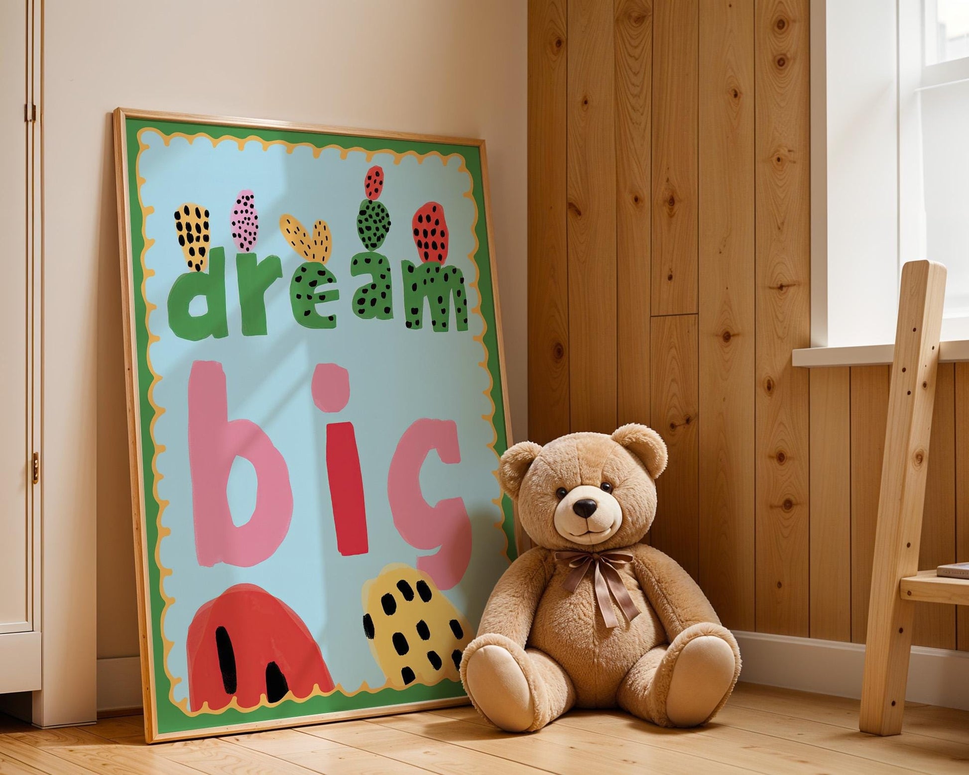 Poster Kinderzimmer · Dream Big Spruchposter · Motivierende Wanddeko in bunten Farben · Mut & Fantasie fürs Kinderzimmer · Ohne Rahmen - justgoodmood