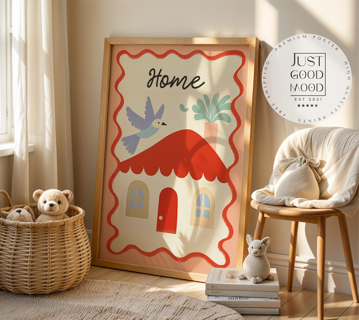 Poster Kinderzimmer Haus · Home mit Vogel & Pflanze · Liebevolles Wandbild · Sanfte Farben · Deko Print ohne Rahmen - justgoodmood
