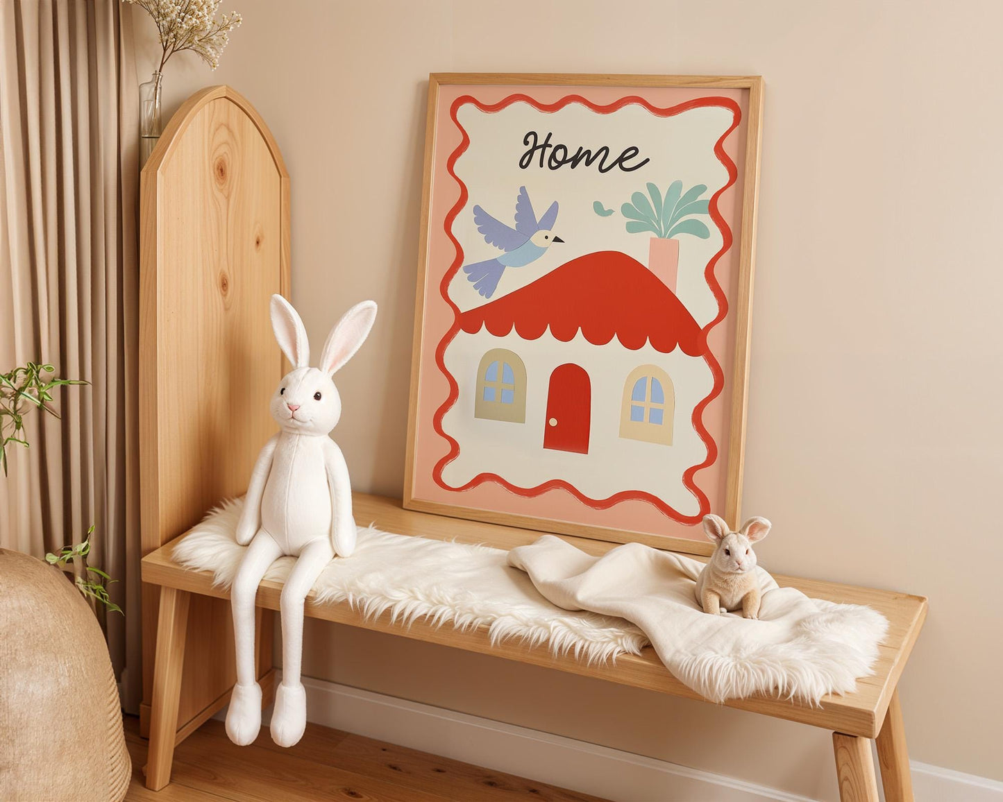 Poster Kinderzimmer Haus · Home mit Vogel & Pflanze · Liebevolles Wandbild · Sanfte Farben · Deko Print ohne Rahmen - justgoodmood
