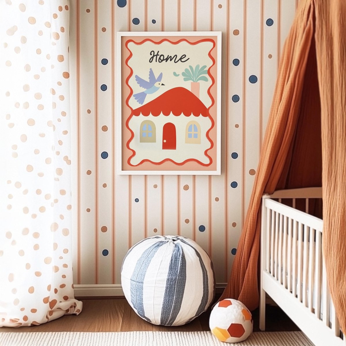 Poster Kinderzimmer Haus · Home mit Vogel & Pflanze · Liebevolles Wandbild · Sanfte Farben · Deko Print ohne Rahmen - justgoodmood