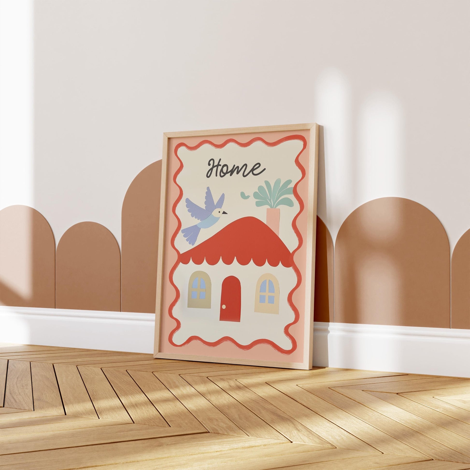 Poster Kinderzimmer Haus · Home mit Vogel & Pflanze · Liebevolles Wandbild · Sanfte Farben · Deko Print ohne Rahmen - justgoodmood