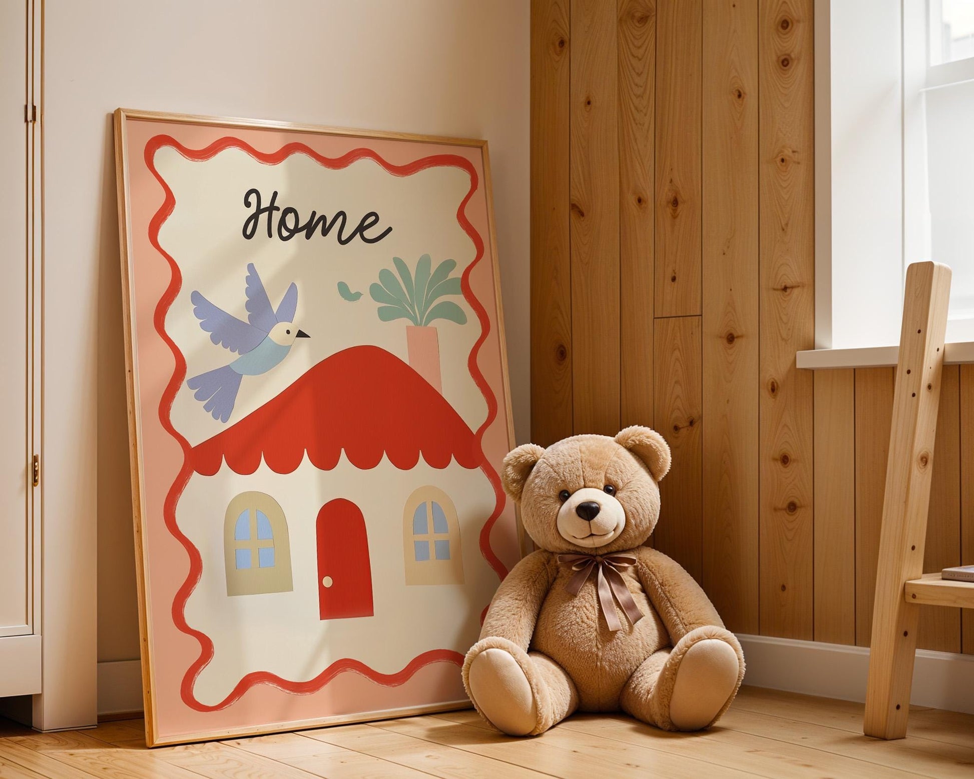 Poster Kinderzimmer Haus · Home mit Vogel & Pflanze · Liebevolles Wandbild · Sanfte Farben · Deko Print ohne Rahmen - justgoodmood