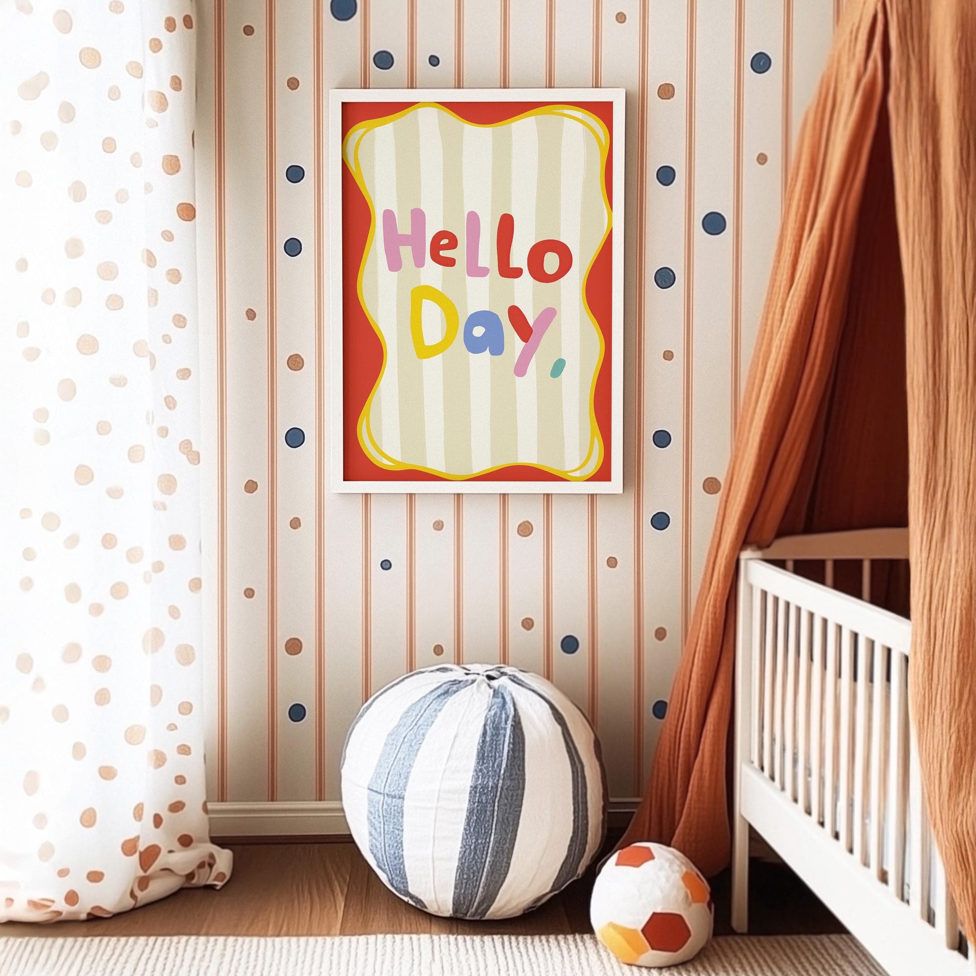 Poster Kinderzimmer · Hello Day Schriftzug · Fröhliches Spruchposter in bunten Farben · Gute - Laune - Deko für Kinder · Dekoprint ohne Rahmen - justgoodmood