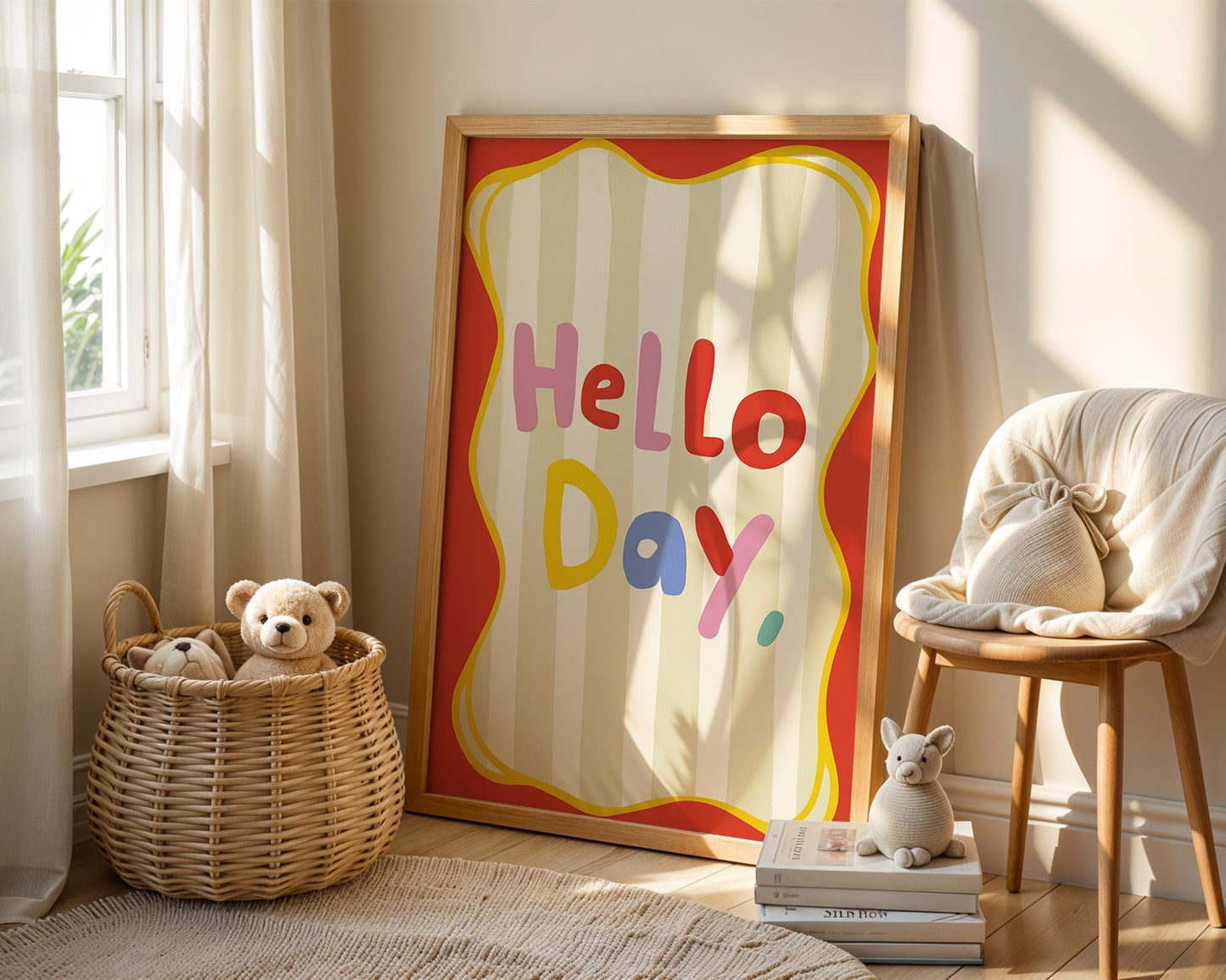Poster Kinderzimmer · Hello Day Schriftzug · Fröhliches Spruchposter in bunten Farben · Gute - Laune - Deko für Kinder · Dekoprint ohne Rahmen - justgoodmood