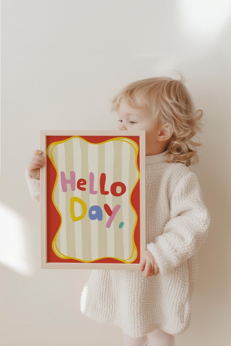 Poster Kinderzimmer · Hello Day Schriftzug · Fröhliches Spruchposter in bunten Farben · Gute - Laune - Deko für Kinder · Dekoprint ohne Rahmen - justgoodmood
