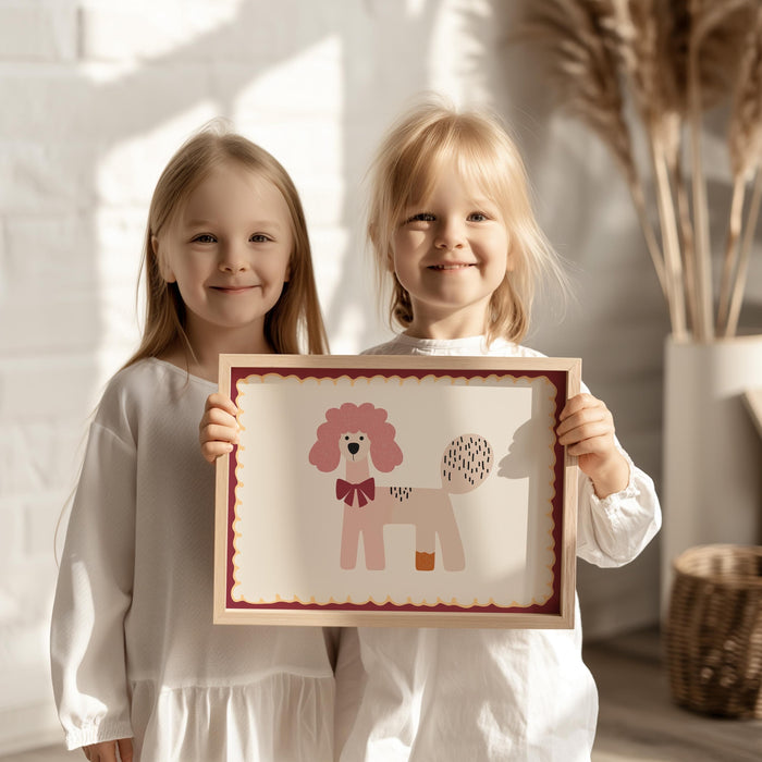 Poster Kinderzimmer Hund · Rosa Pudel mit Schleife · Verspieltes Tierposter im Retro Look · Liebevolle Deko für Kinder · Print ohne Rahmen