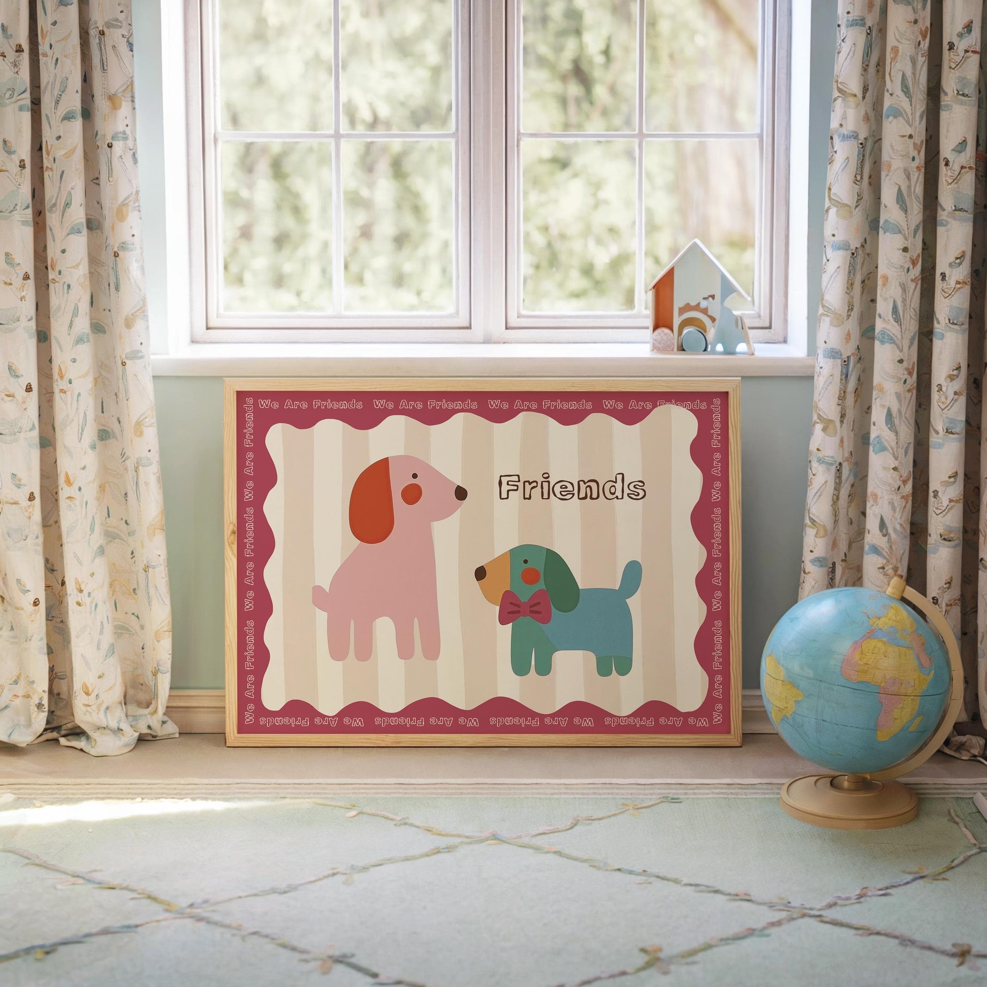 Poster Kinderzimmer Hunde · We Are Friends · Niedliches Tierposter mit zwei bunten Hunden · Freundschaft & Liebe · Dekoprint ohne Rahmen - justgoodmood
