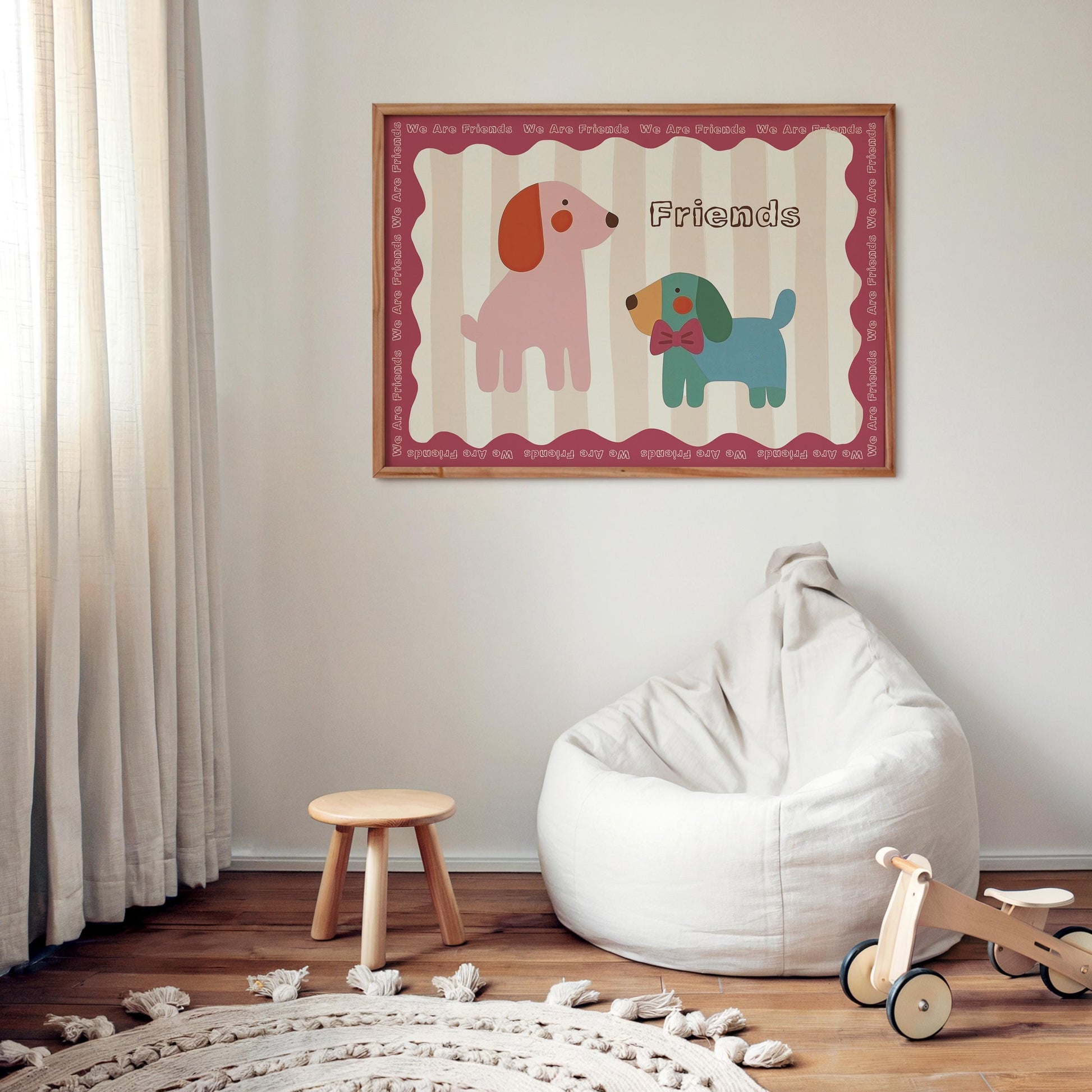 Poster Kinderzimmer Hunde · We Are Friends · Niedliches Tierposter mit zwei bunten Hunden · Freundschaft & Liebe · Dekoprint ohne Rahmen - justgoodmood