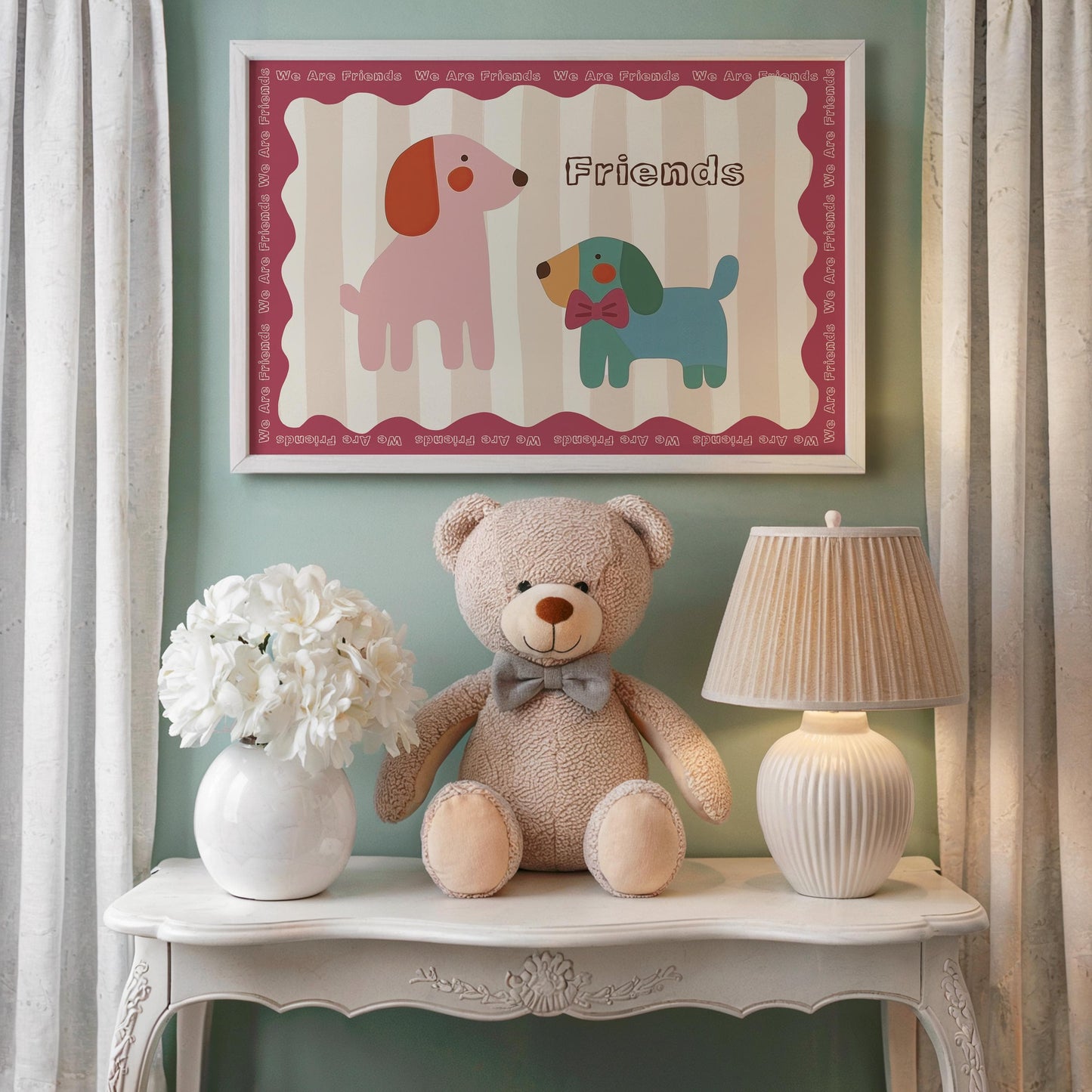 Poster Kinderzimmer Hunde · We Are Friends · Niedliches Tierposter mit zwei bunten Hunden · Freundschaft & Liebe · Dekoprint ohne Rahmen - justgoodmood