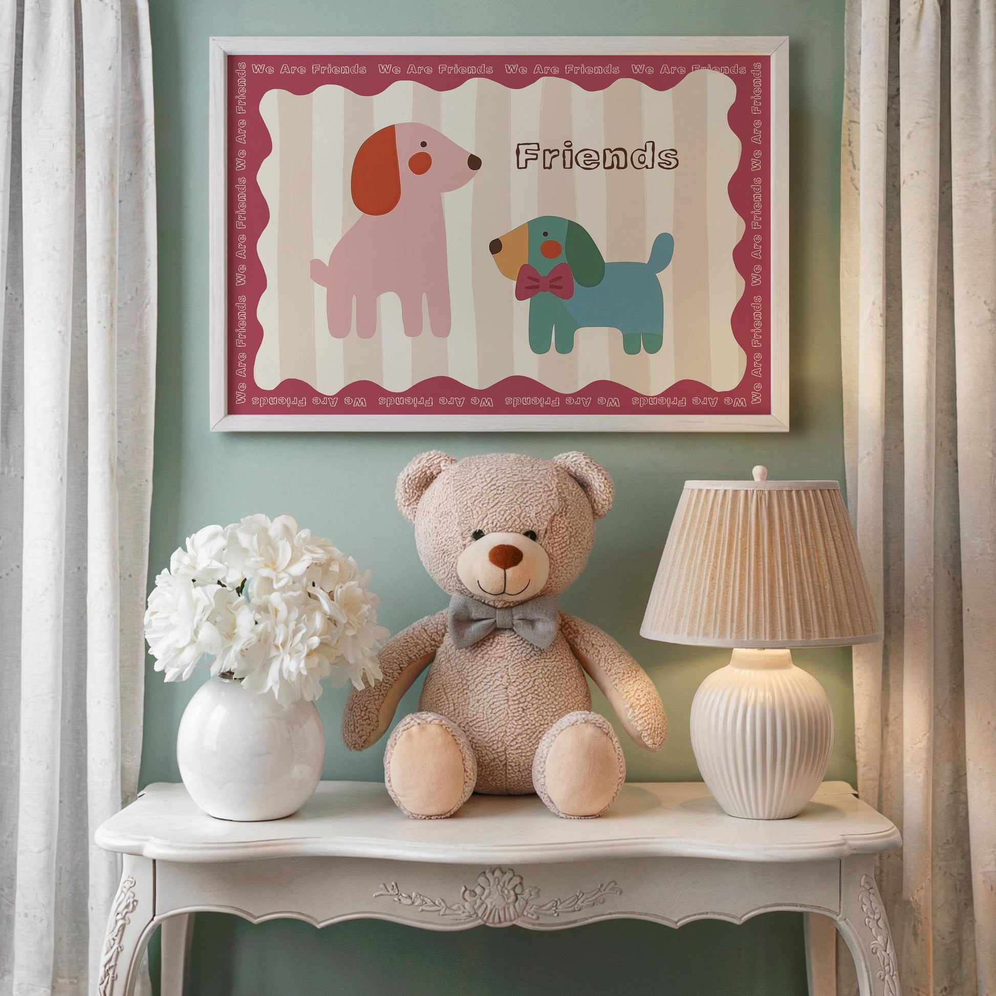Poster Kinderzimmer Hunde · We Are Friends · Niedliches Tierposter mit zwei bunten Hunden · Freundschaft & Liebe · Dekoprint ohne Rahmen - justgoodmood