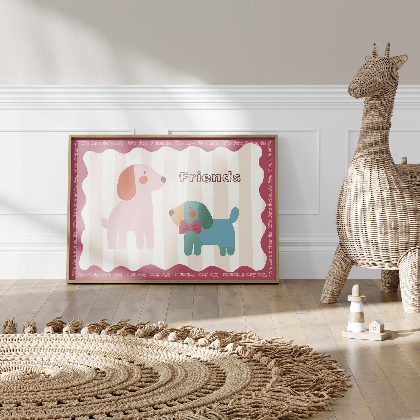 Poster Kinderzimmer Hunde · We Are Friends · Niedliches Tierposter mit zwei bunten Hunden · Freundschaft & Liebe · Dekoprint ohne Rahmen - justgoodmood