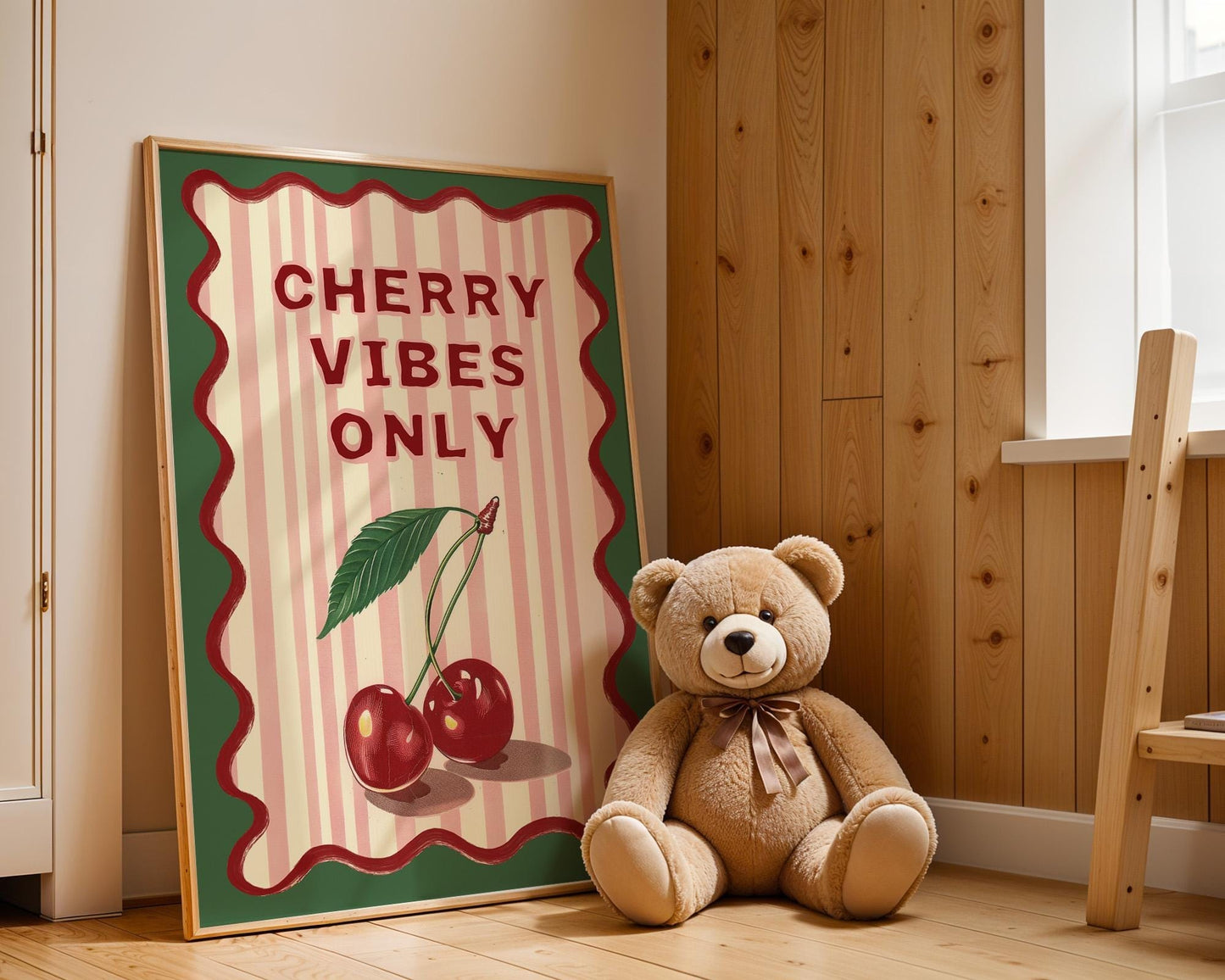Poster Kinderzimmer Kirschen · Cherry Vibes Only · Fruchtige Wanddeko im Retro Look · Lustiges Spruchposter · Deko Print Ohne Rahmen - justgoodmood
