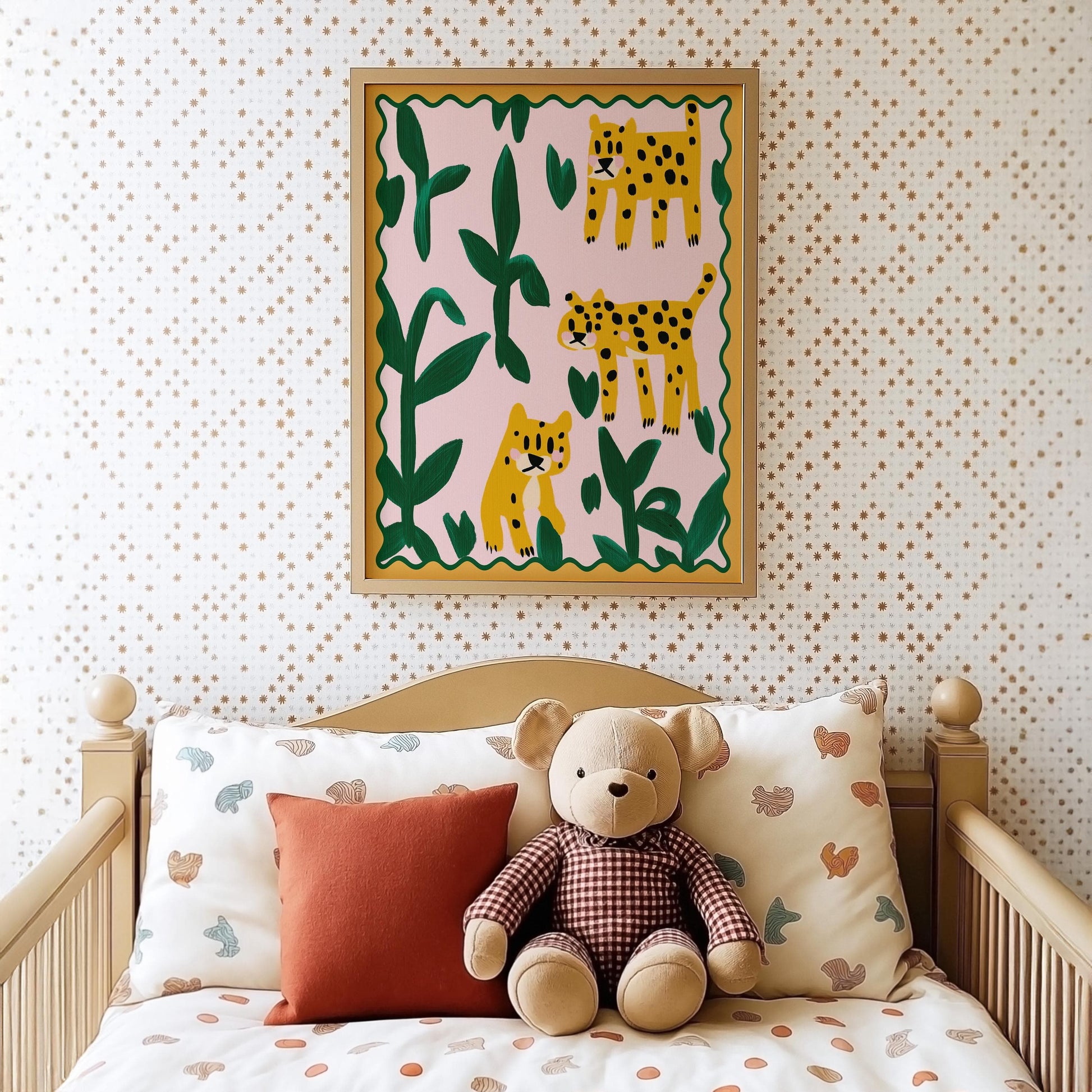 Poster Kinderzimmer Leoparden · Tierposter mit Dschungelpflanzen · Bunte Safari Wanddeko für Kinderzimmer · Dekoprint ohne Rahmen - justgoodmood