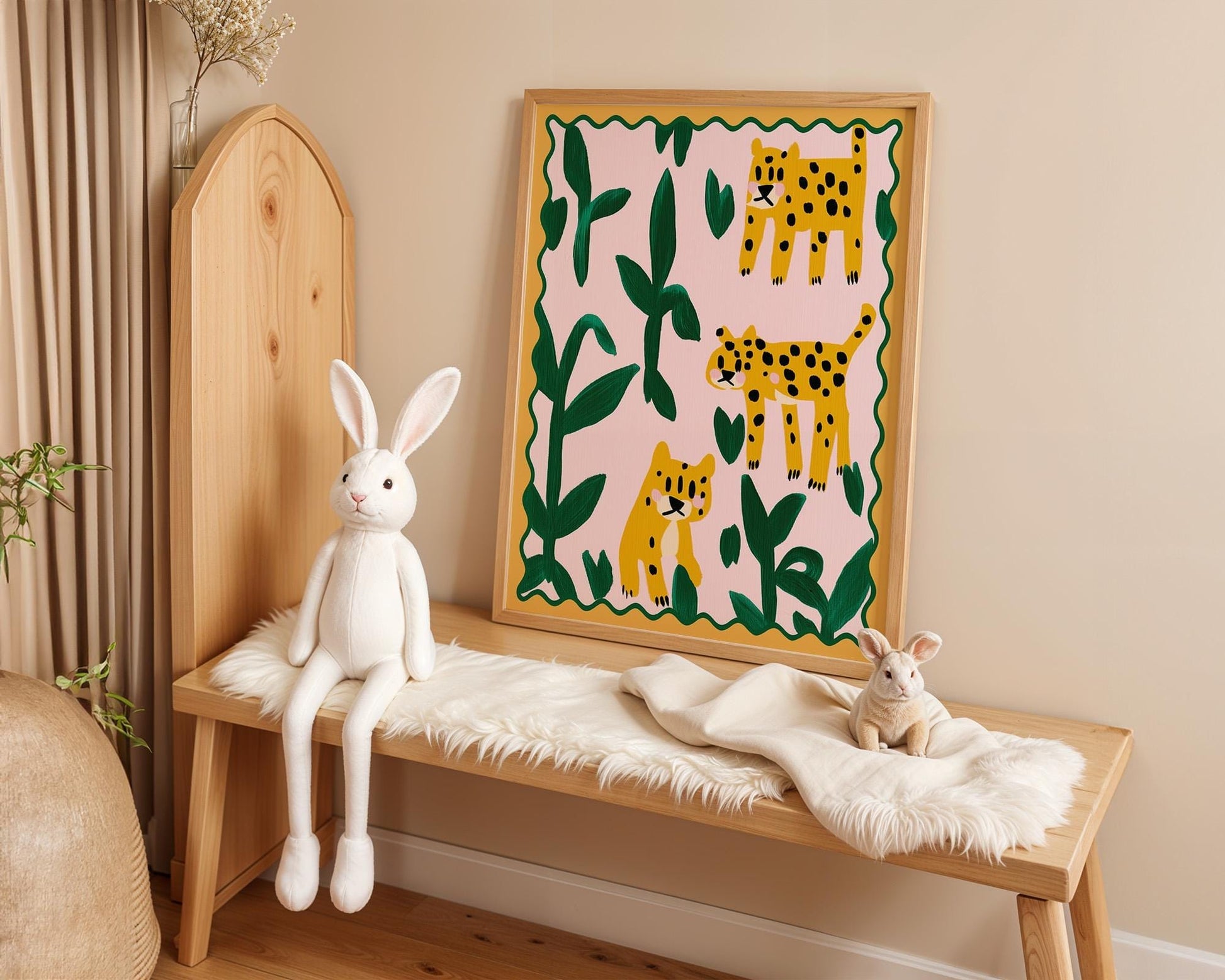 Poster Kinderzimmer Leoparden · Tierposter mit Dschungelpflanzen · Bunte Safari Wanddeko für Kinderzimmer · Dekoprint ohne Rahmen - justgoodmood