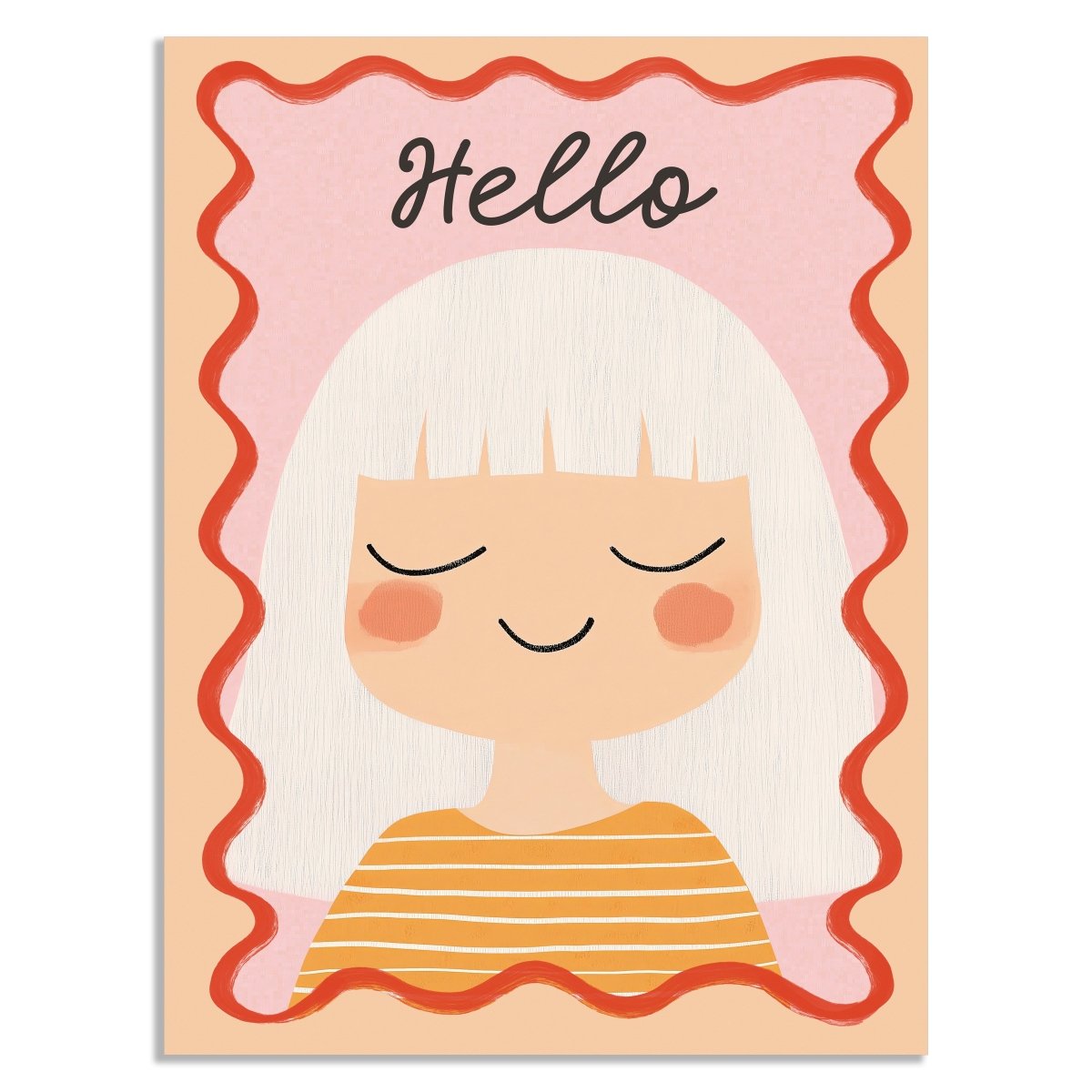 Poster Kinderzimmer Mädchen · Hello Schriftzug · Fröhliches Porträt mit weißen Haaren · Sanfte Farben · Deko ohne Rahmen - justgoodmood