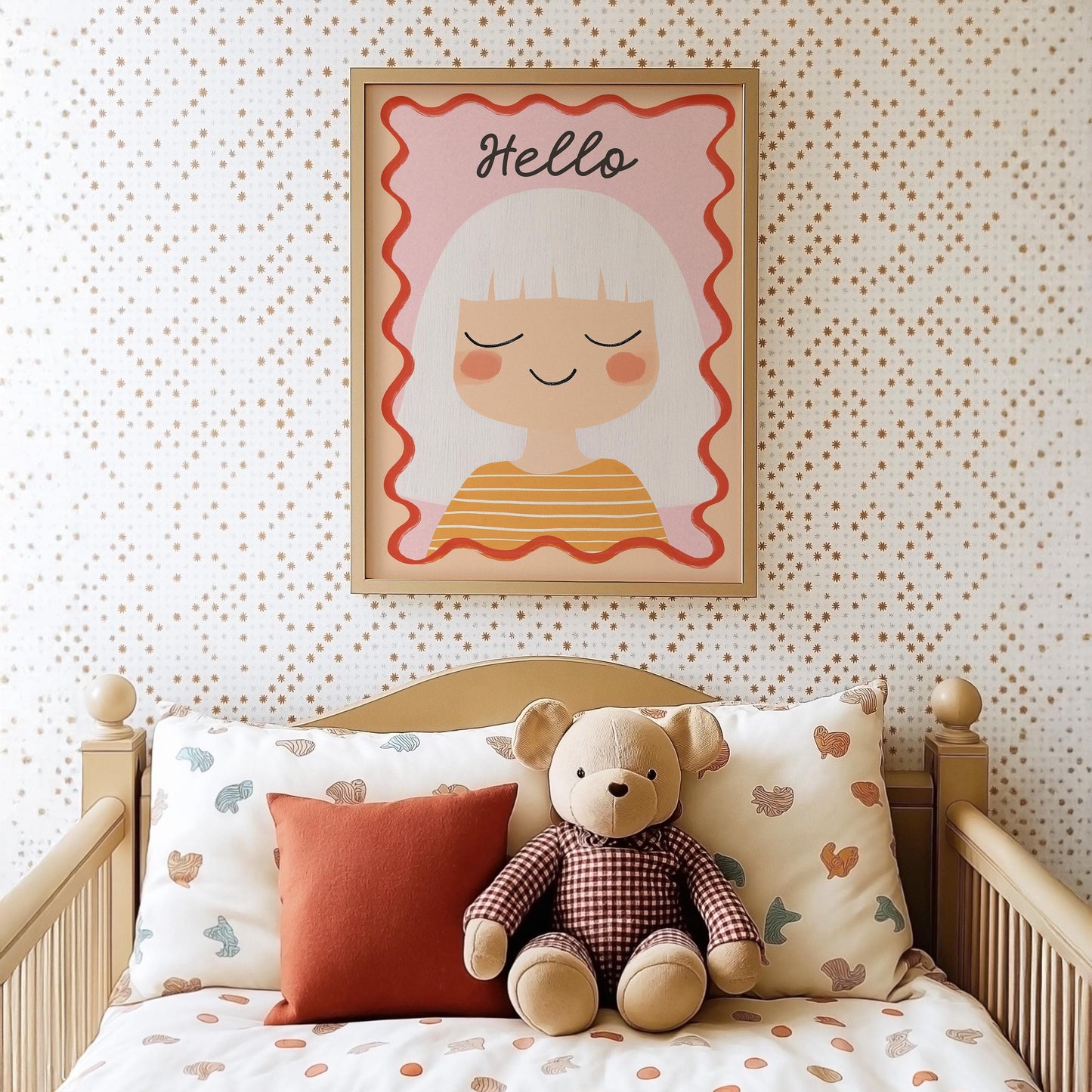 Poster Kinderzimmer Mädchen · Hello Schriftzug · Fröhliches Porträt mit weißen Haaren · Sanfte Farben · Deko ohne Rahmen - justgoodmood