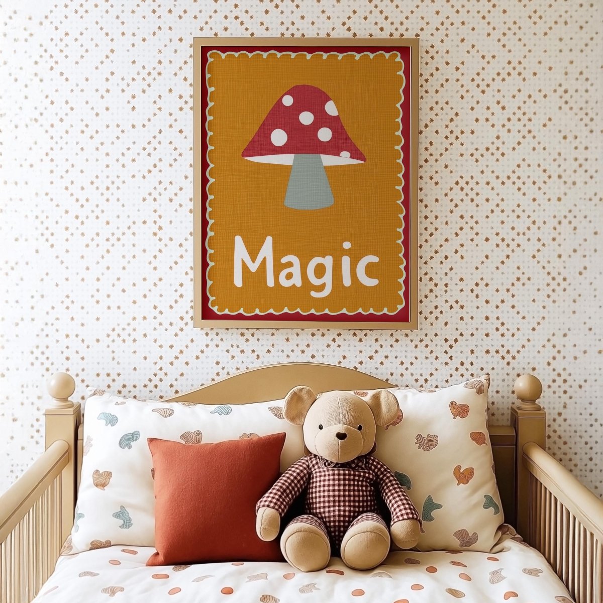 Poster Kinderzimmer Magic · Fliegenpilz Illustration · Magische Wanddeko in Retro Farben · Waldmotiv für Kinder · Dekoprint Ohne Rahmen - justgoodmood
