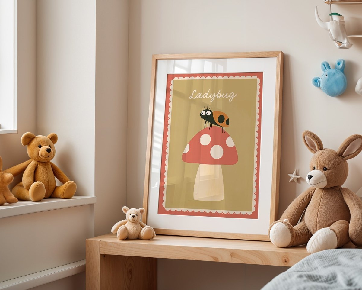 Poster Kinderzimmer Marienkäfer · Ladybug auf Fliegenpilz · Naturmotiv · Niedliches Insektenposter · Deko für Kinderzimmer · Ohne Rahmen - justgoodmood