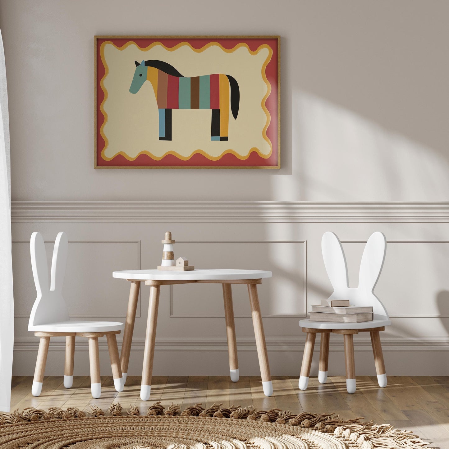 Poster Kinderzimmer Pferd · Bunt gestreiftes Pferd · Farbenfrohe Deko für Mädchen & Jungen · Fröhliches Tierposter Dekoprint ohne Rahmen - justgoodmood