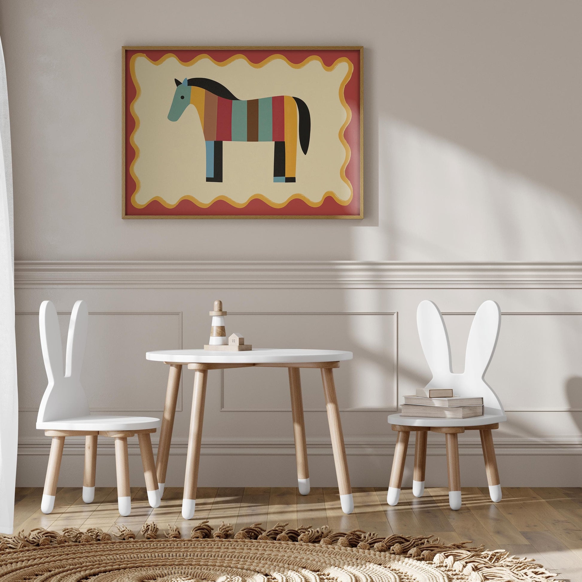 Poster Kinderzimmer Pferd · Bunt gestreiftes Pferd · Farbenfrohe Deko für Mädchen & Jungen · Fröhliches Tierposter Dekoprint ohne Rahmen - justgoodmood